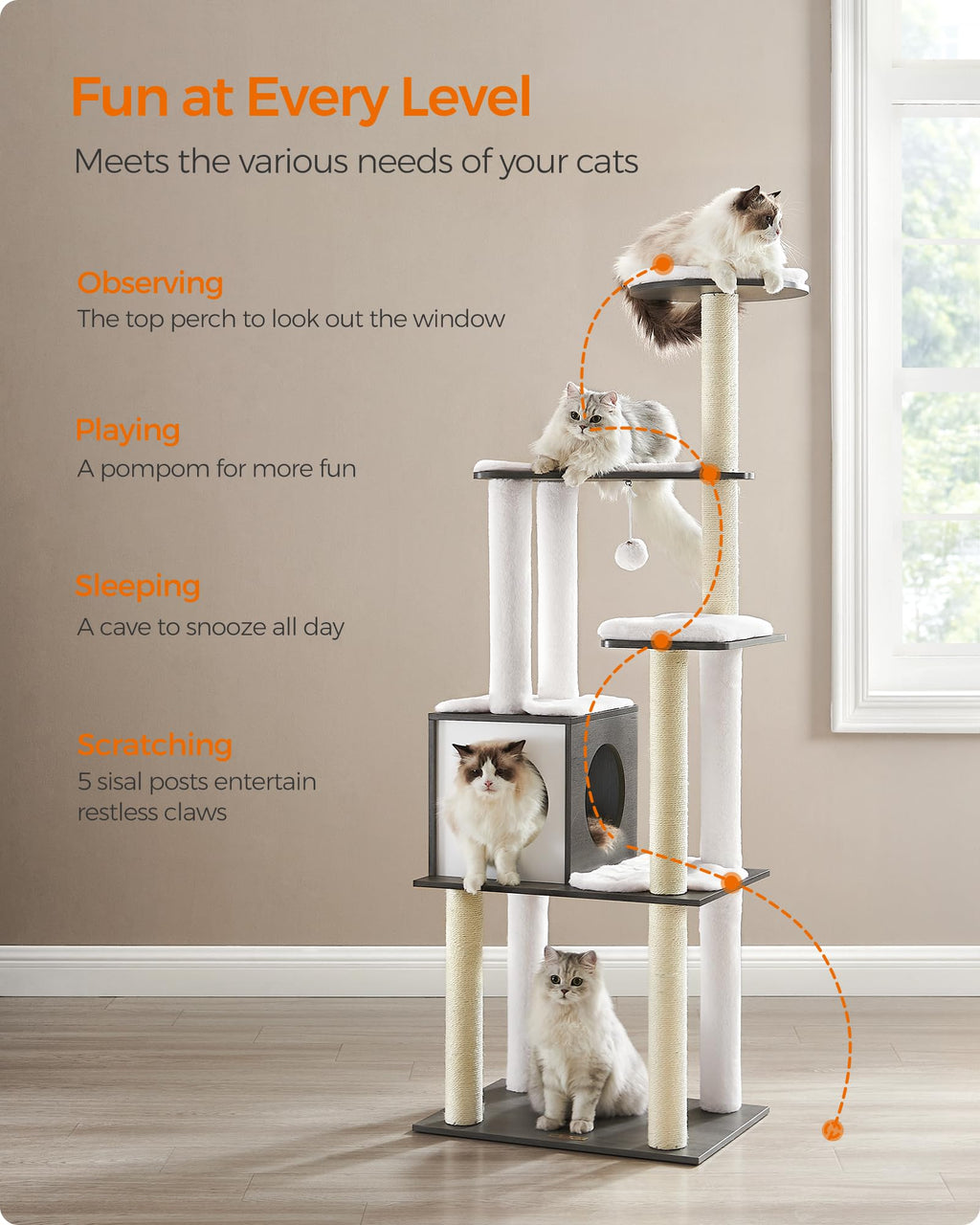 Feandrea Cat Tree, 65-Inch Modern Cat Tower for Indoor Cats, Multi-Level Cat Condo with 5 Scratching Posts, Perch, Washable Removable Cushions, Cat Furniture, Cloud White UPCT166W01