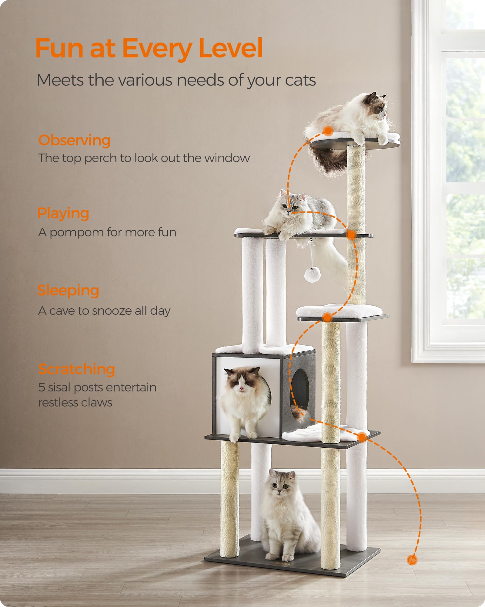 Feandrea Cat Tree, 65-Inch Modern Cat Tower for Indoor Cats, Multi-Level Cat Condo with 5 Scratching Posts, Perch, Washable Removable Cushions, Cat Furniture, Cloud White UPCT166W01