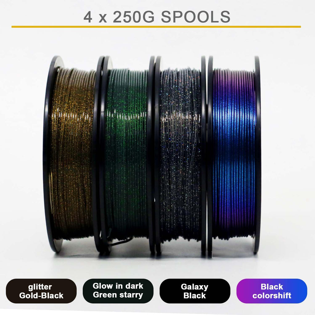 RepRapper PLA Filament, Multicolor Glitter Sample Pack, Shiny Galaxy Silk PLA1.75MM for 3D Printer, Glow in The Dark Sparkle Laser Series 3D Printer Filament, 250g*4