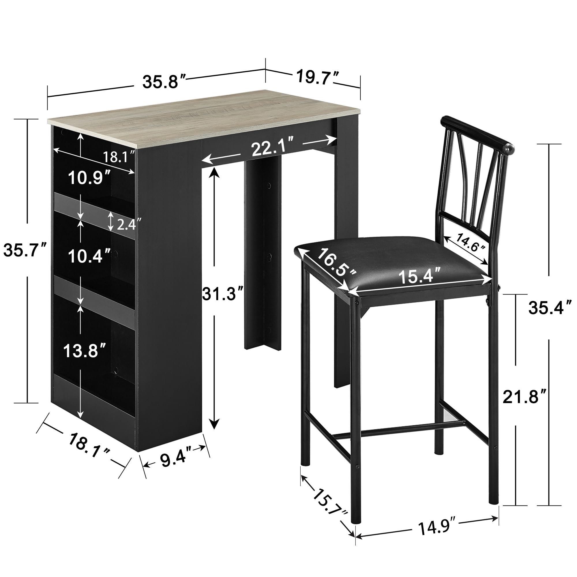 VECELO Small Bar Table and Chairs Tall Kitchen Breakfast Nook with Stools/Dining Set for 2, Storage Shelves, Space-Saving, Gray