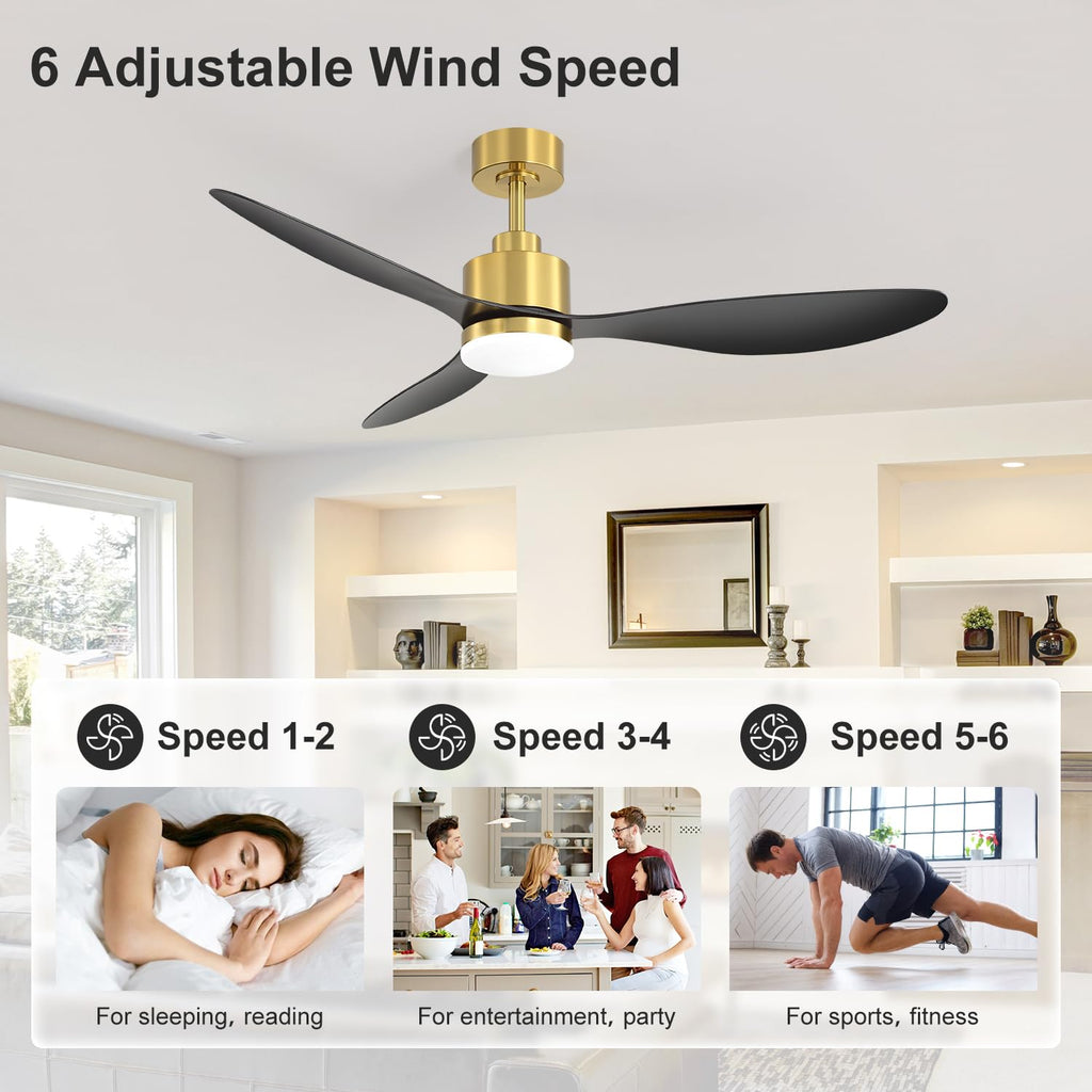 52" Ceiling Fans with Lights and Remote, Quiet DC Motor, 3 Reversible Blades, 6-Speed, Modern Industrial Black Ceiling Fan with 3-Color LED Light Fandelier for Bedroom Living Room