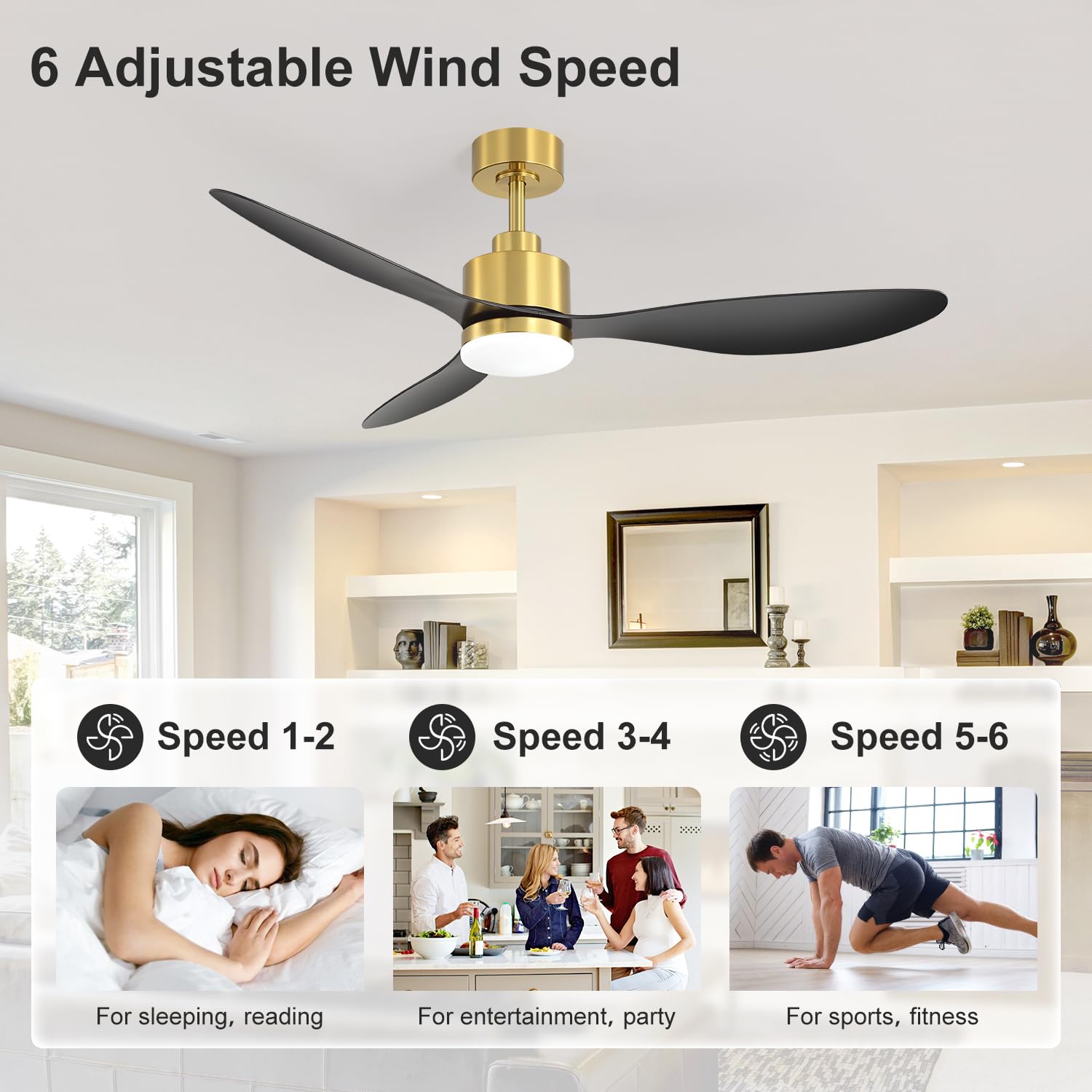 52" Ceiling Fans with Lights and Remote, Quiet DC Motor, 3 Reversible Blades, 6-Speed, Modern Industrial Black Ceiling Fan with 3-Color LED Light Fandelier for Bedroom Living Room