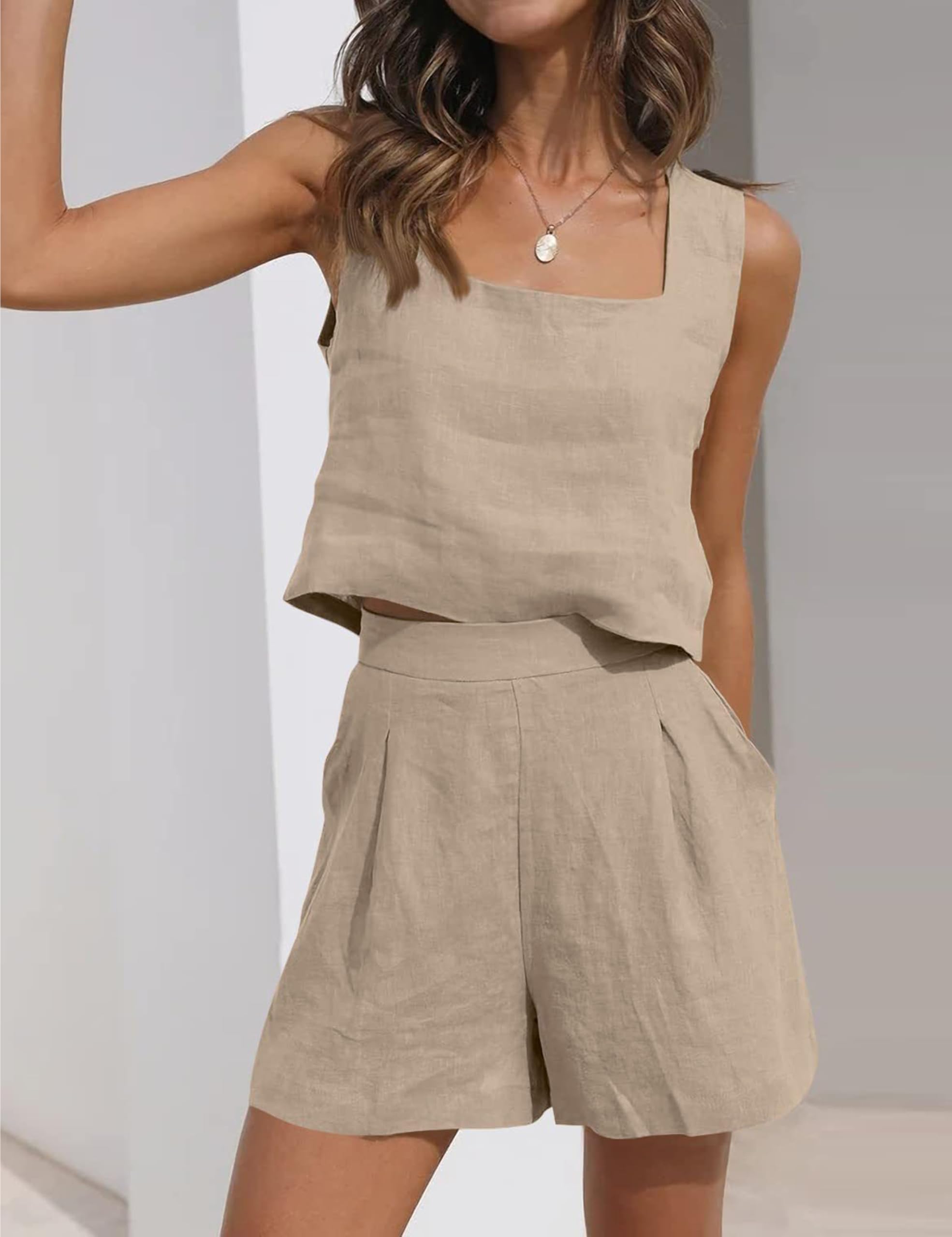 Womens Linen 2 Piece Outfits Lounge Sets sleeveless Tank Tops and High Waist Shorts Summer Vacation Set