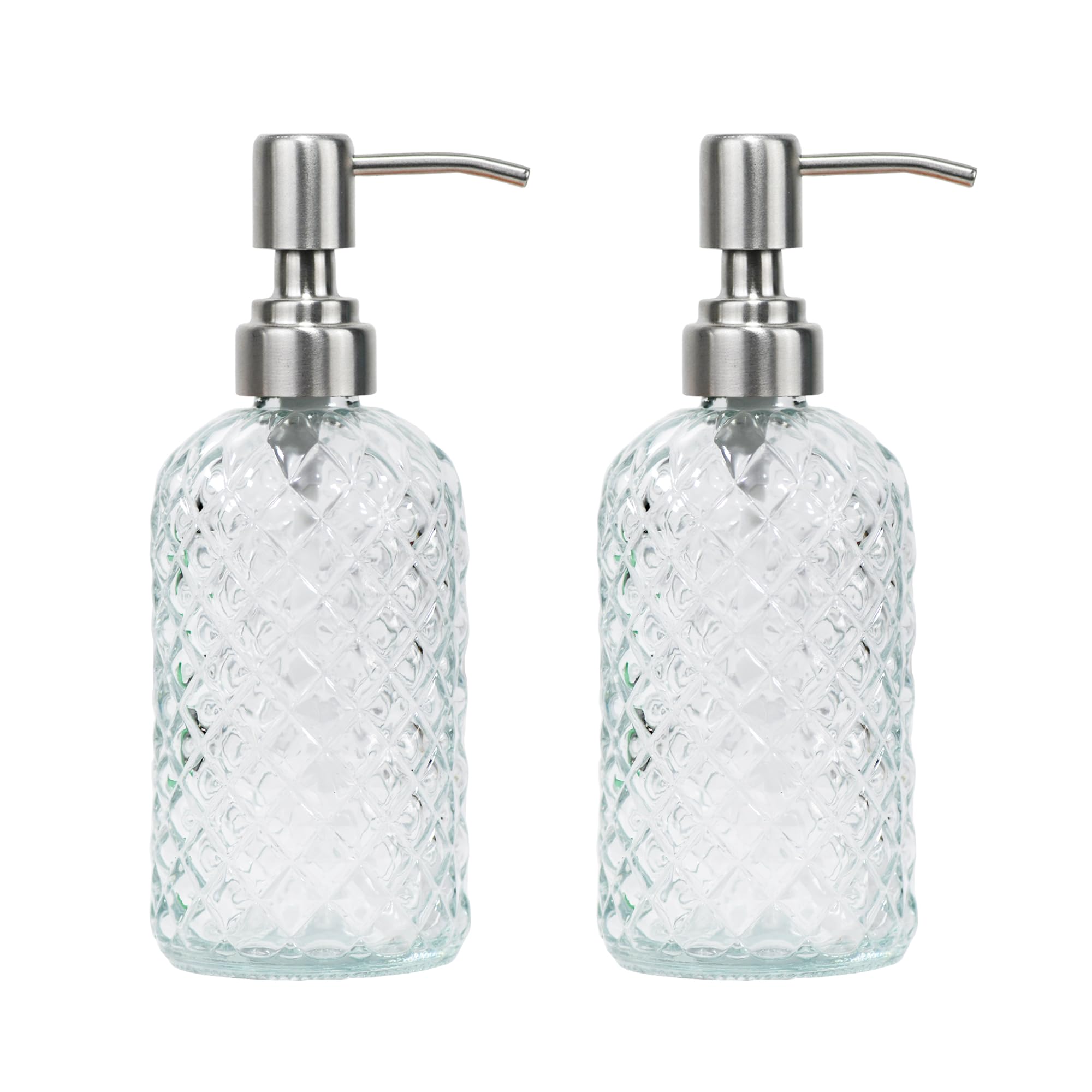 16 oz Diamond Pattern Glass Soap Dispenser, Kitchen and Bathroom Refillable Soap Dispenser with Rust Resistant Stainless Steel Pump for Hand Soap, Lotion Glass Liquid Dispenser(Amber)