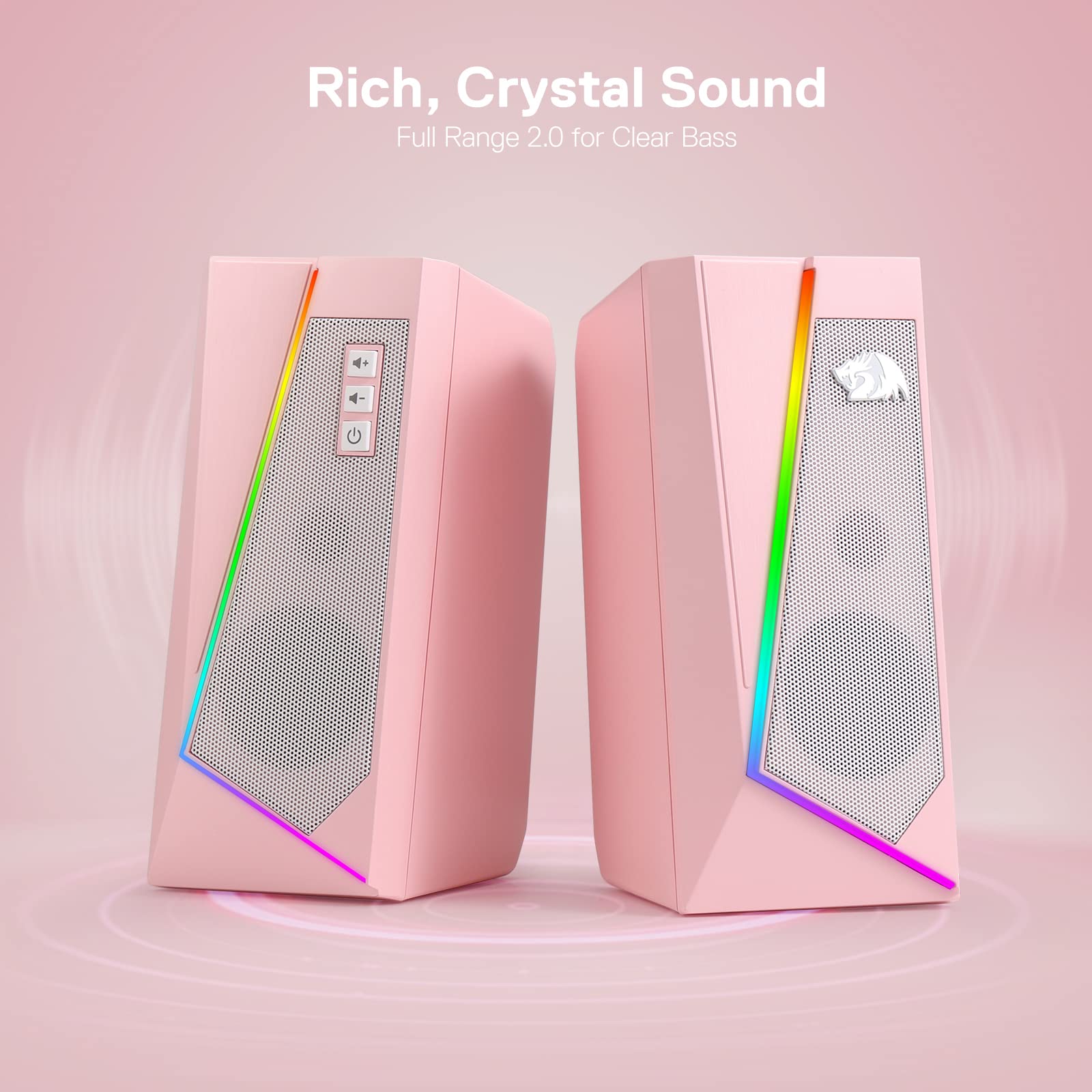 Redragon GS520 RGB Desktop Speakers, 2.0 Channel PC Computer Stereo Speaker with 6 Colorful LED Modes, Enhanced Sound and Easy-Access Volume Control, USB Powered w/ 3.5mm Cable