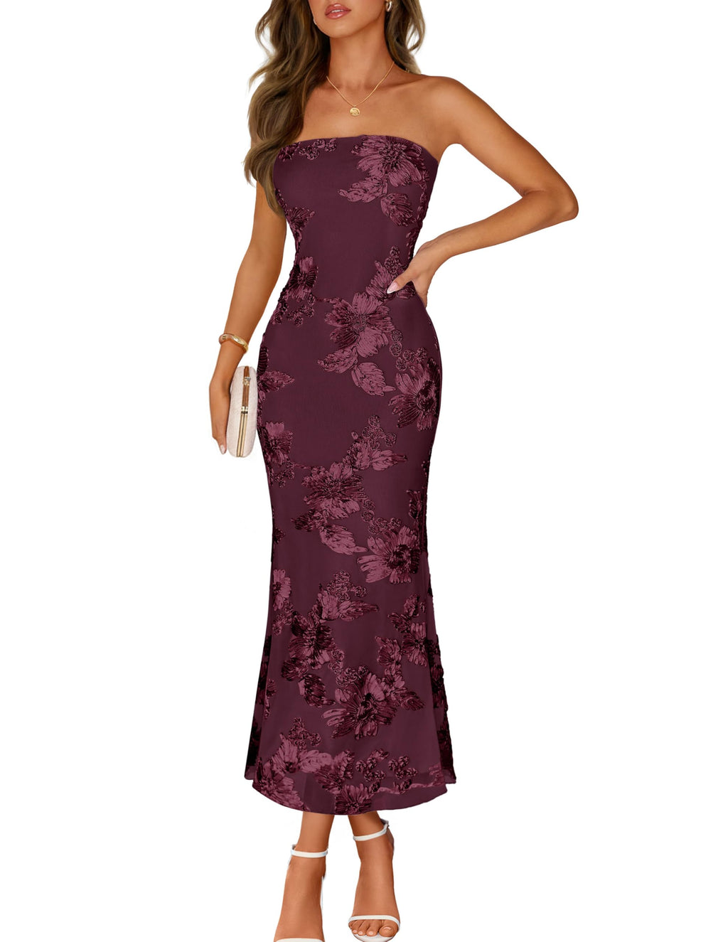 MEROKEETY Women's Floral Strapless Maxi Dress 2026 Summer Mesh Tube Bodycon Formal Wedding Guest Cocktail Party Long Dresses