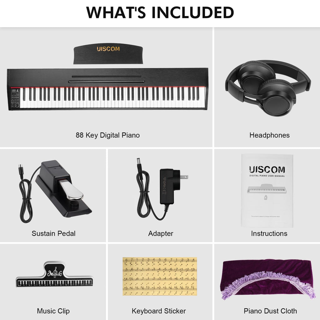 UISCOM Digital Piano Keyboard for Beginners, Full Size 88 Key Semi-Weighted Keyboard Electric Piano with Stand,Power Adapter,Sheet Music Stand,Pedal,Headphone,USB-MIDI Compatible,Wood Grain Apricot