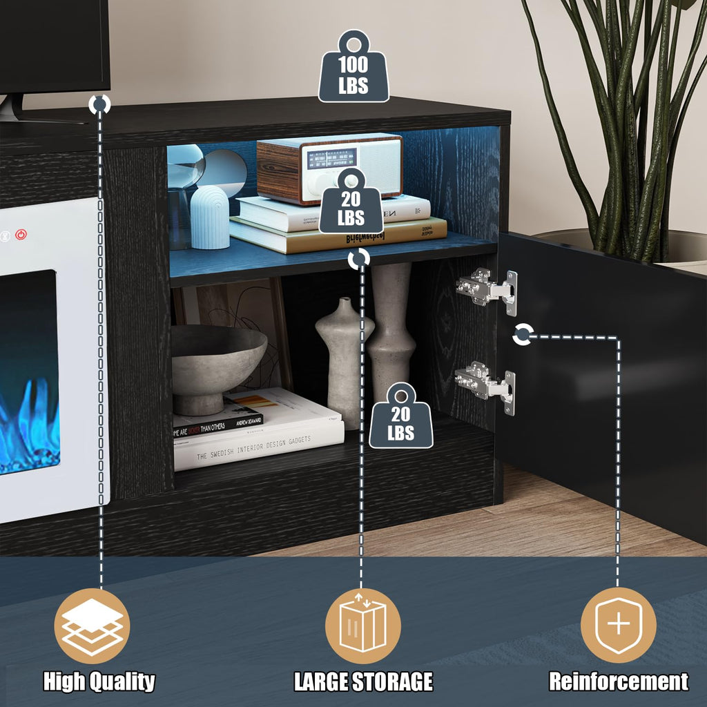 VITESSE 58 Inches Fireplace TV Stand for TVs up to 65 Inches Console with 18'' Electric Fireplace & Remote,Wooden Modern Entertainment Center for Living Room with LED Light Glass Shelves（Bei）