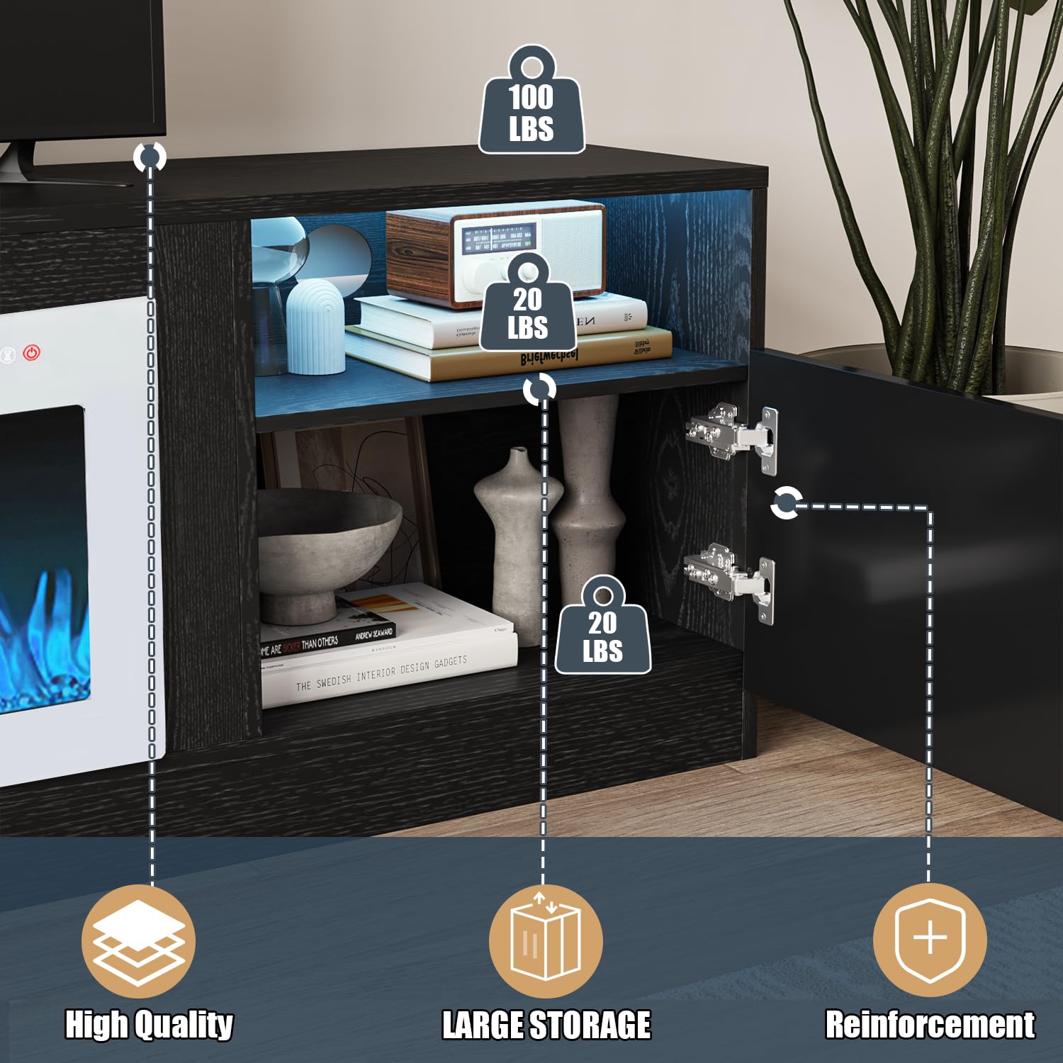 VITESSE 58 Inches Fireplace TV Stand for TVs up to 65 Inches Console with 18'' Electric Fireplace & Remote,Wooden Modern Entertainment Center for Living Room with LED Light Glass Shelves（Bei）
