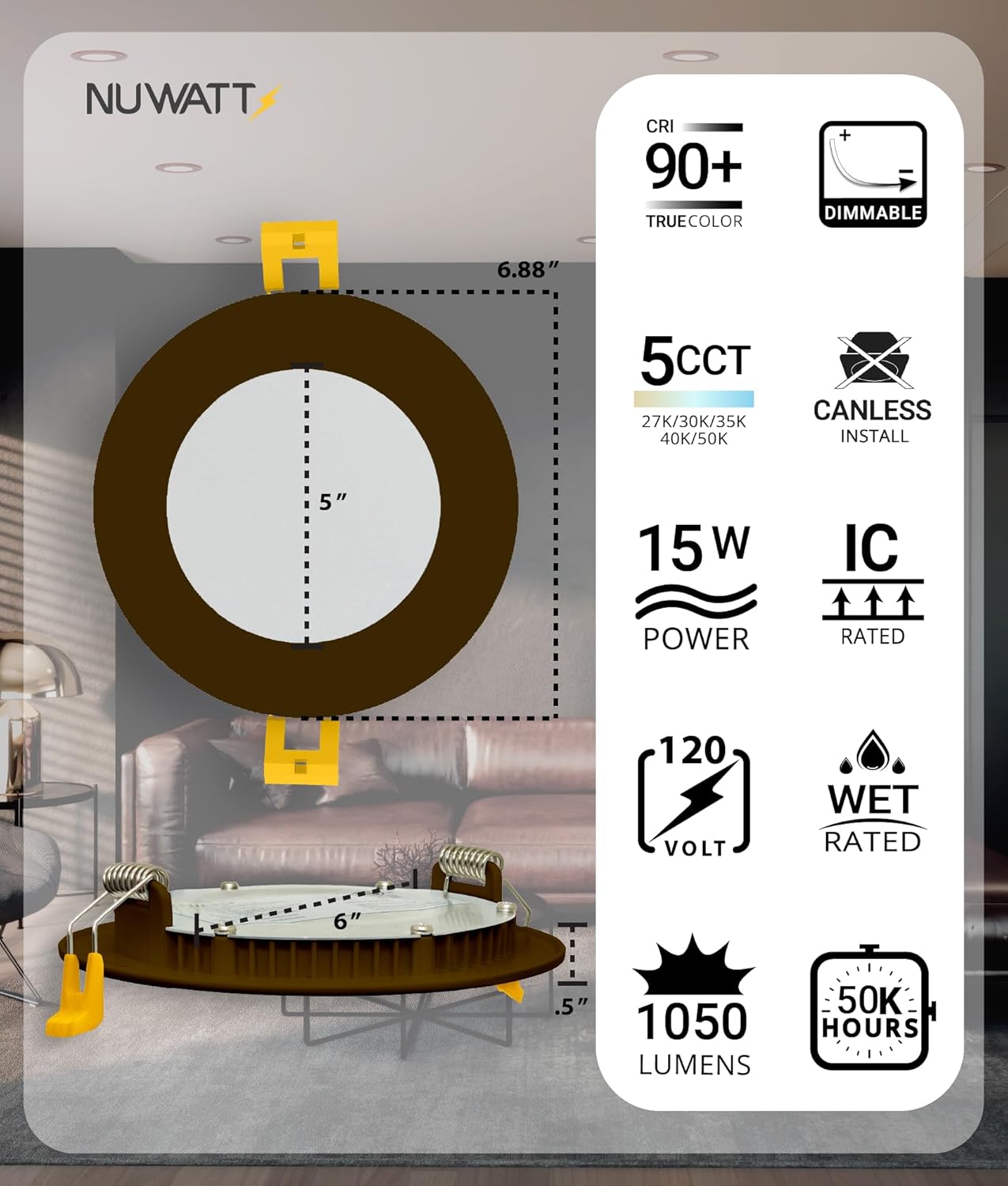 NUWATT 12 Pack 6 Inch Ultra-Thin Bronze LED Recessed Lighting, 5CCT 2700K/3000K/3500K/4000K/5000K Selectable, High Brightness 1050 Lumens, Dimmable Canless Slim Wafer Light, IC Rated, Metal J-Box, ETL
