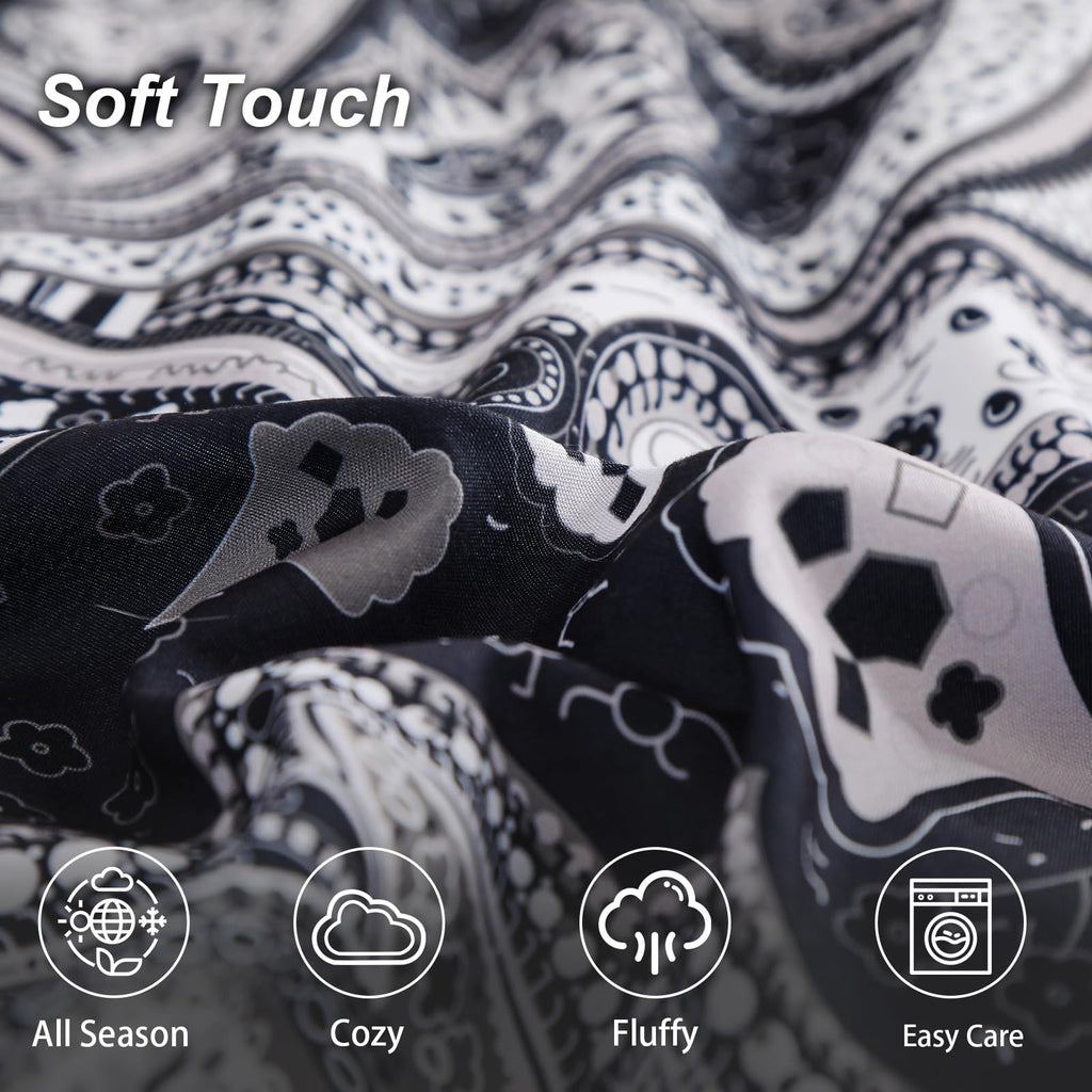 DJY Black Paisley Comforter Set Full Size 7 Piece Bed in a Bag Black and Grey Boho Paisley Pattern Comforter Set Soft Lightweight Microfiber Reversible Bedding Set for All Season