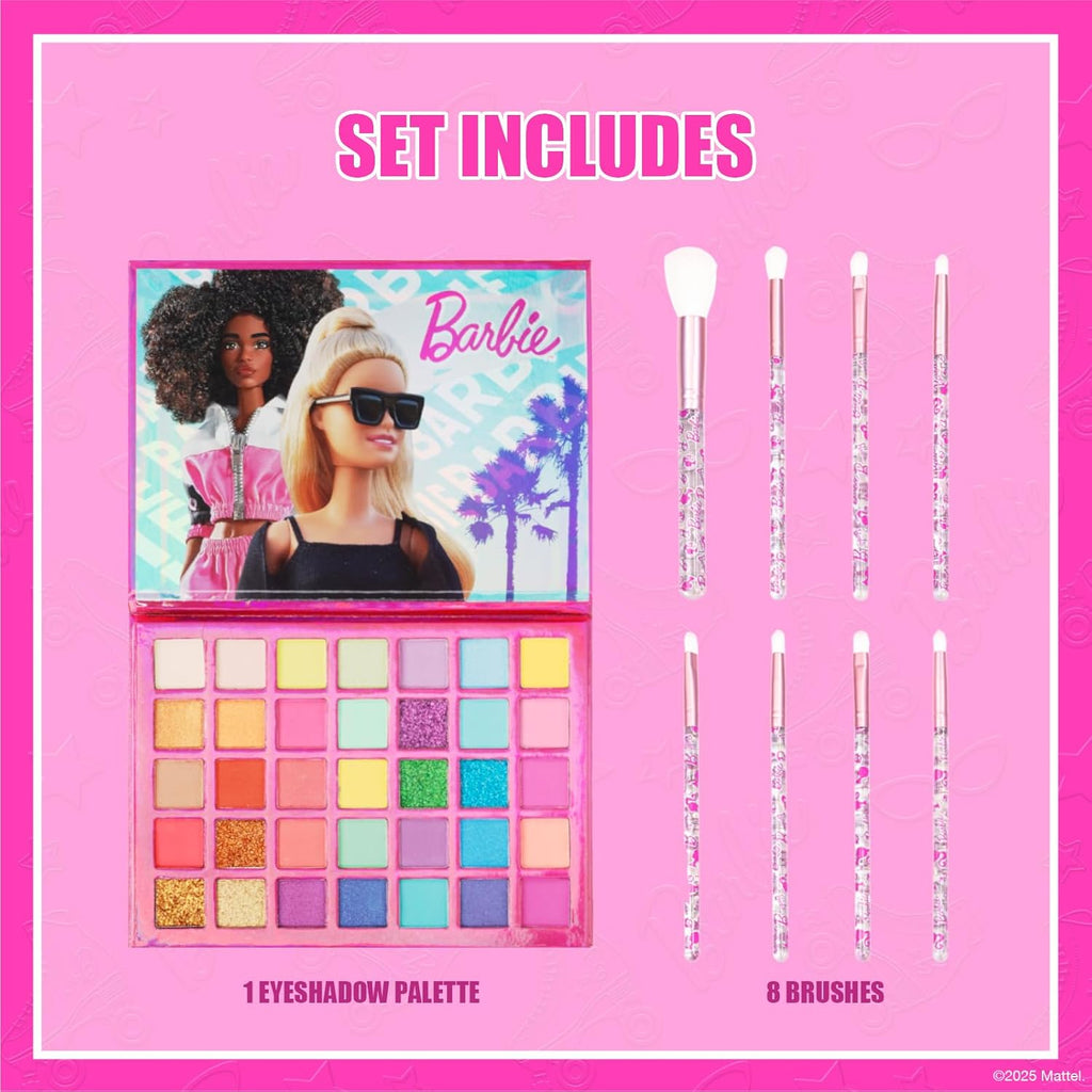 Barbie 35 Well Shadow Palette, Shimmery and Opaque Colors, Pigmented Blendable, 8 Application Brushes Ages 8+, by Townley Girl