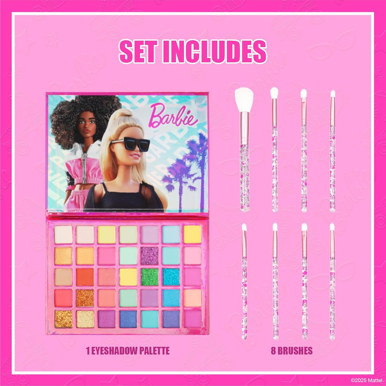 Barbie 35 Well Shadow Palette, Shimmery and Opaque Colors, Pigmented Blendable, 8 Application Brushes Ages 8+, by Townley Girl