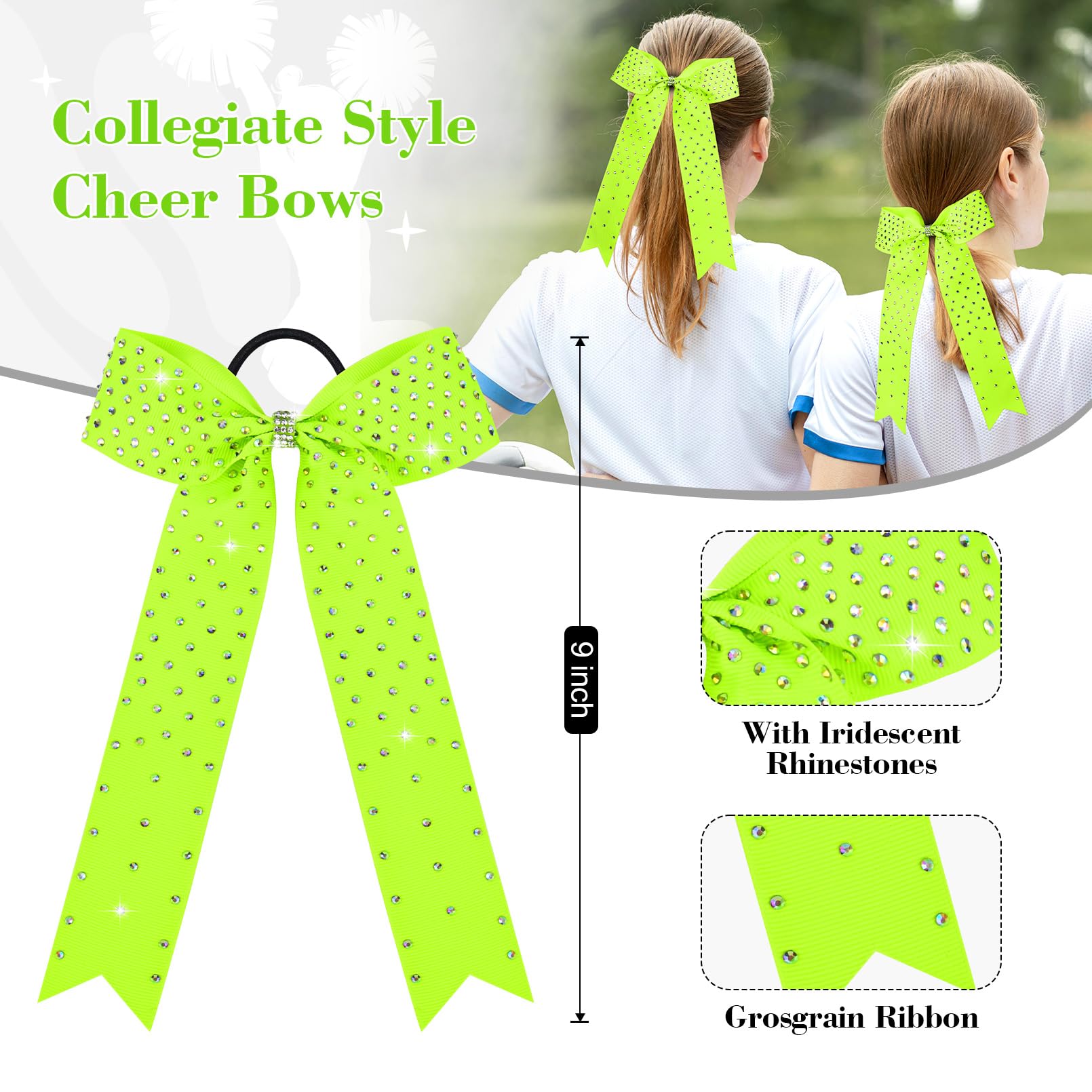 DEEKA 12 Count Collegiate Style Cheer Bows, Forest Green with Rhinestones, Handmade Bows for Girls Teens Cheerleader Sports