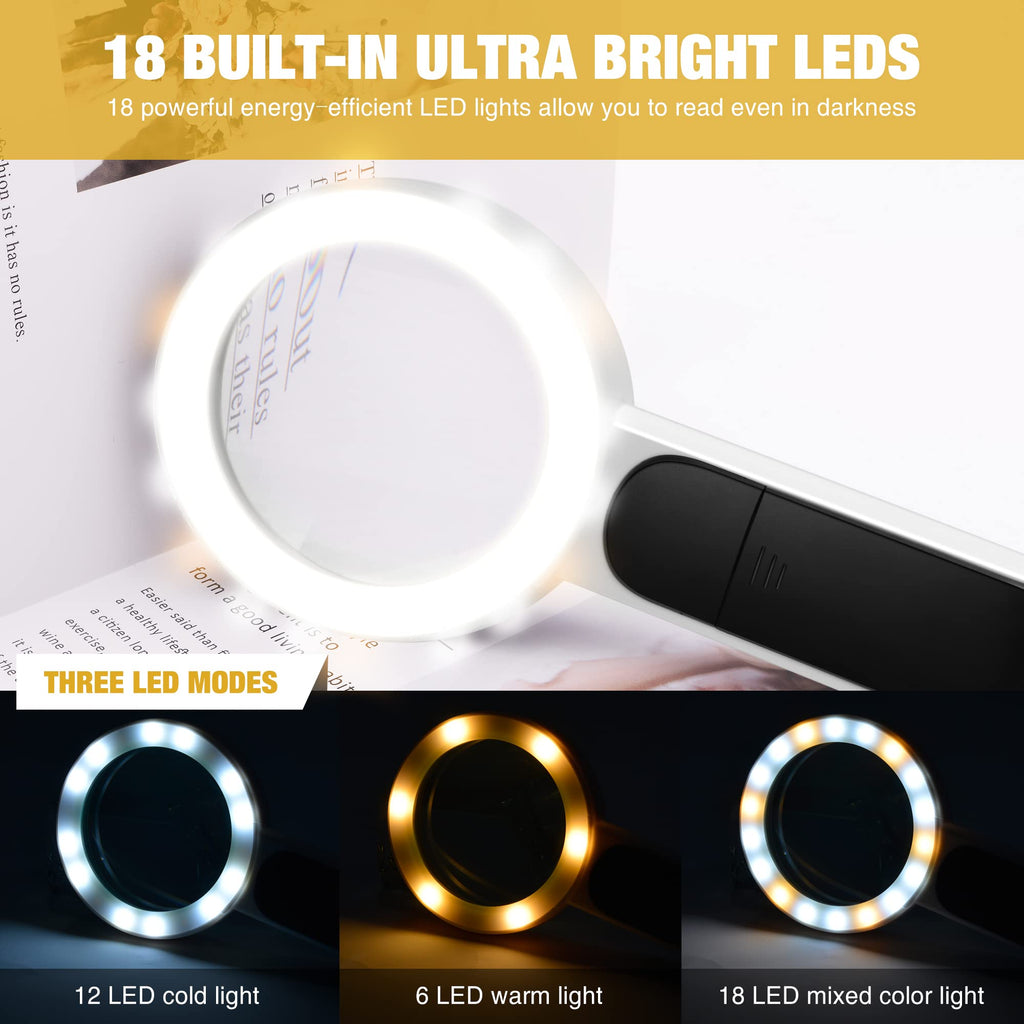 JMH Magnifying Glass with Light, Handheld Large Magnifying Glass 18LED Cold and Warm Light with 3 Modes, Illuminated Lighted Magnifier for Seniors Reading, Coins, Jewelry