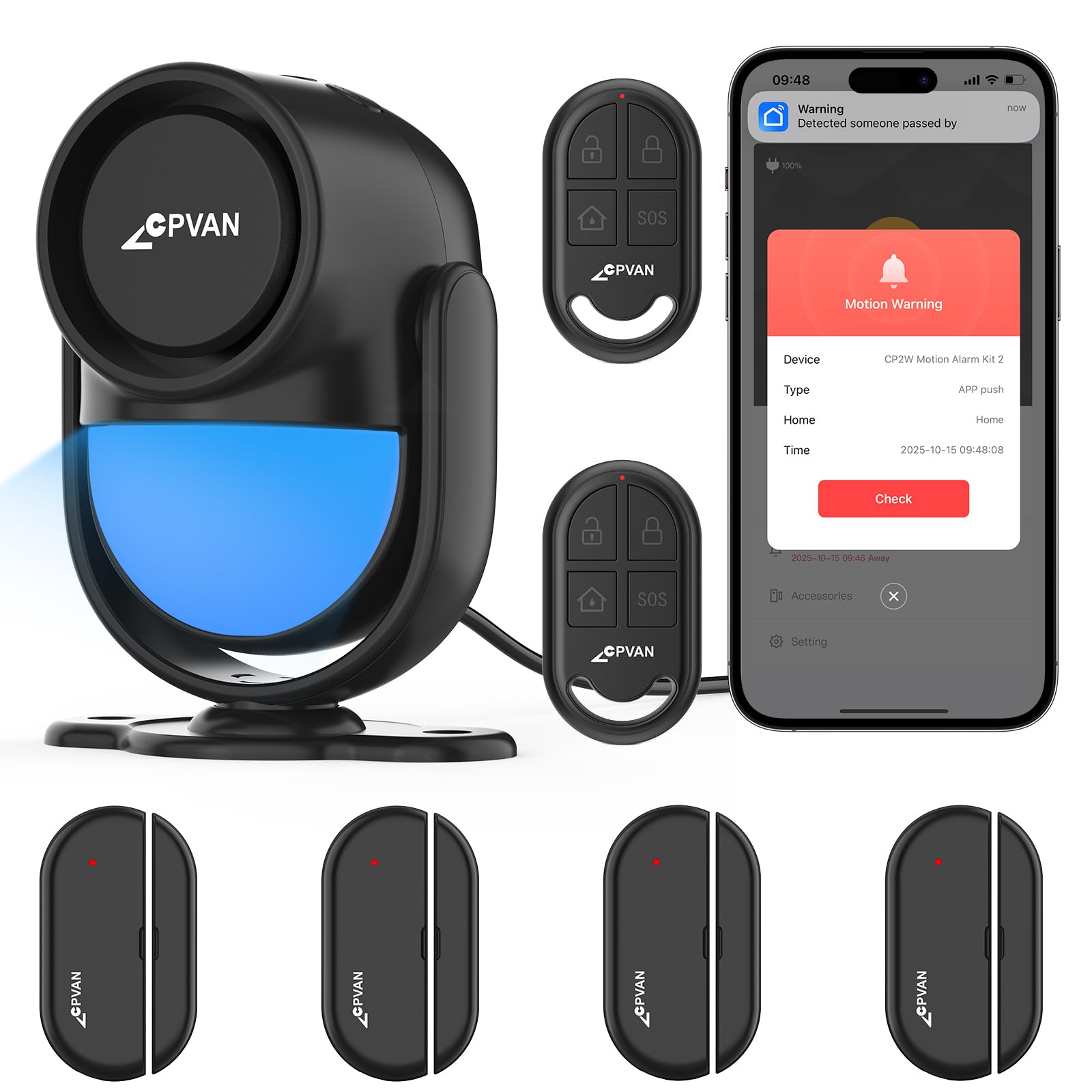 CPVAN WiFi Motion Sensor Alarm, 125dB Smart PIR Motion Detector with Phone App Alerts, Wireless Indoor Home Security Alarm System with Remote, 2.4GHz WiFi, Black