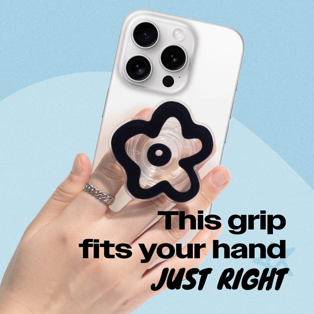 OnTheGrip Cute Transparent Daisy Flower Shape Design Mobile Phone Grip Multi Functional Collapsible Stand Holder for Smartphone Tablet Cell Phone Accessory (Black)