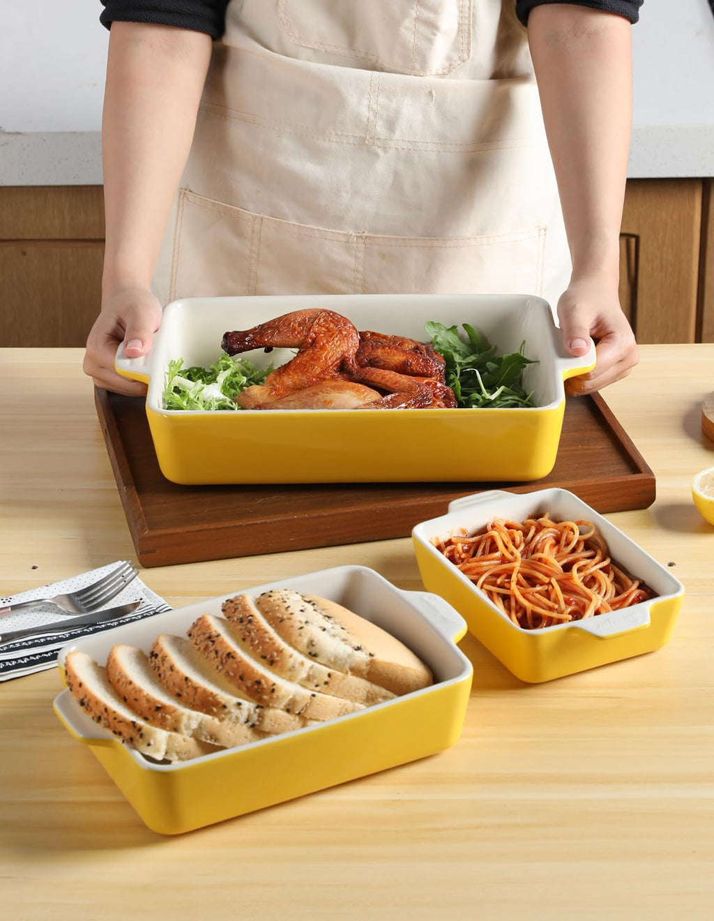 Sweejar Ceramic Bakeware Set, Rectangular Baking Dish for Oven Lasagna Pans for Cooking, Kitchen, Cake Dinner, Banquet and Daily Use, 11.8 x 7.8 x 2.76 Inches of Casserole Dishes (Beige)