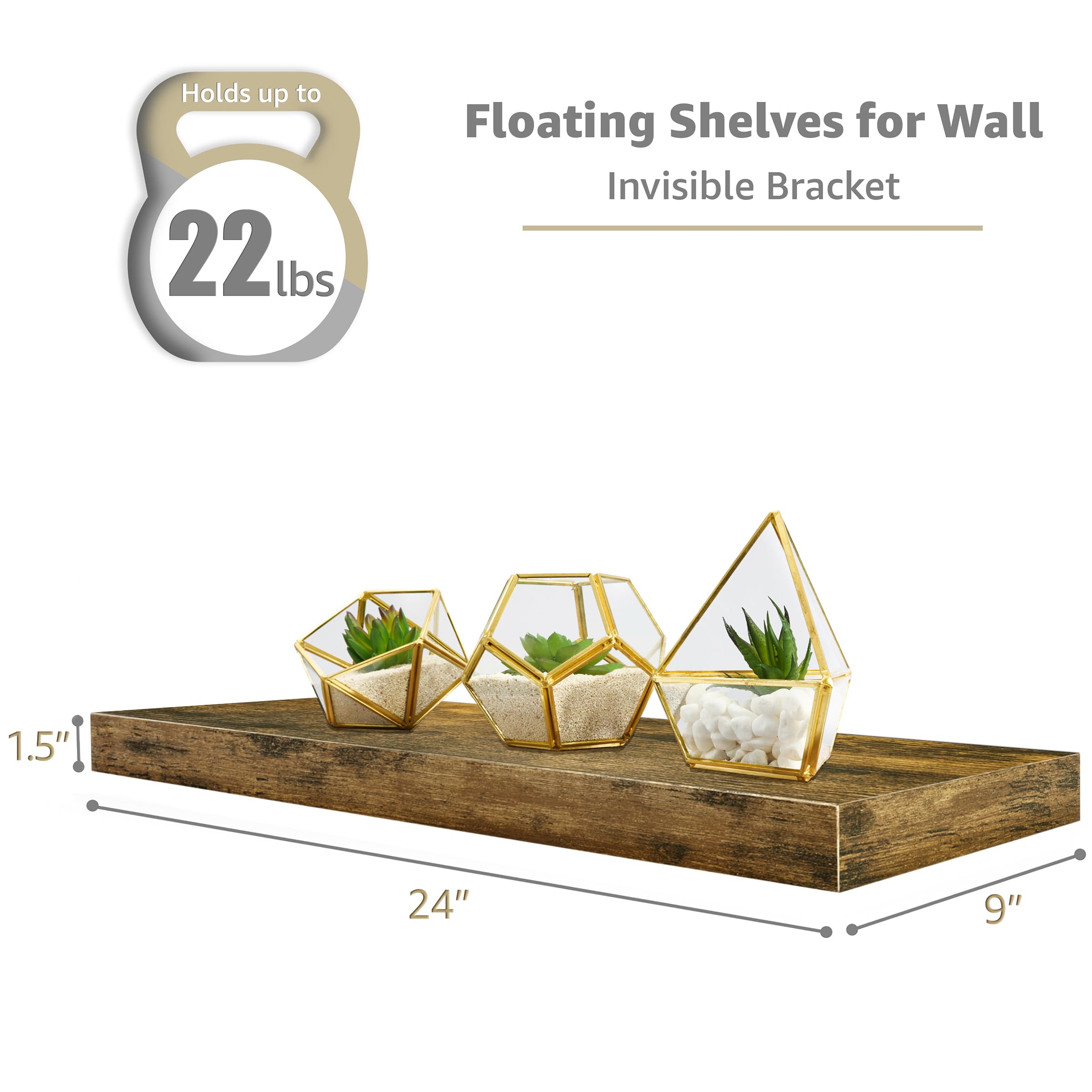 Sorbus Floating Shelves for Wall - 24" Bathroom Shelves, Wall Decor for Bedroom, Kitchen, Living Room, Home Decor & Book Storage - Mounted Floating Shelf with Invisible Brackets (Black, 2 Pack)