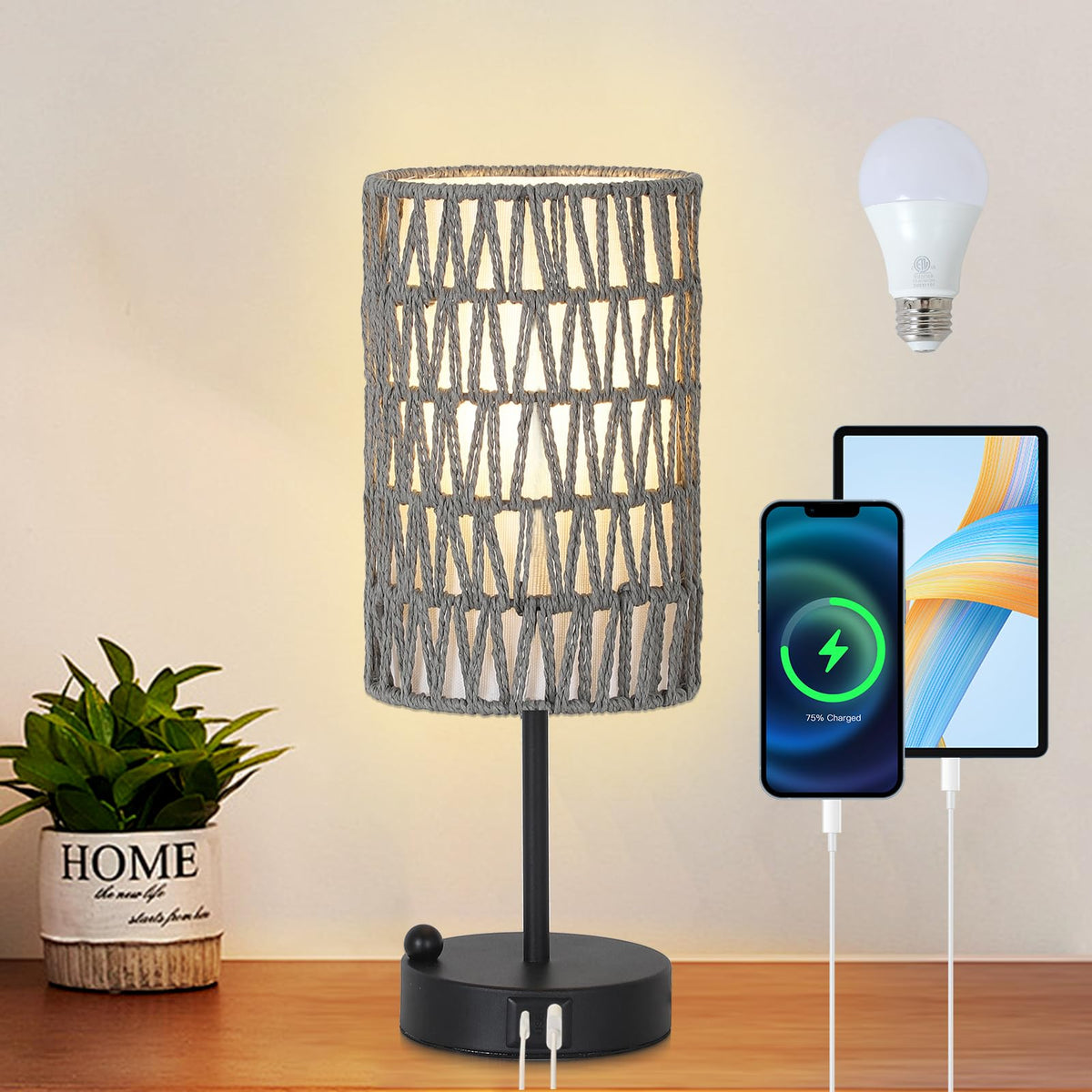 Rattan Bedside Table Lamps Set of 2 - Boho Lamps With 3 Color Temperatures & USB AC Port, Pull Chain Table Lamp For Bedroom, Cute Small Lamp For Nightstand Office Desk Bed Side End Table Living Room