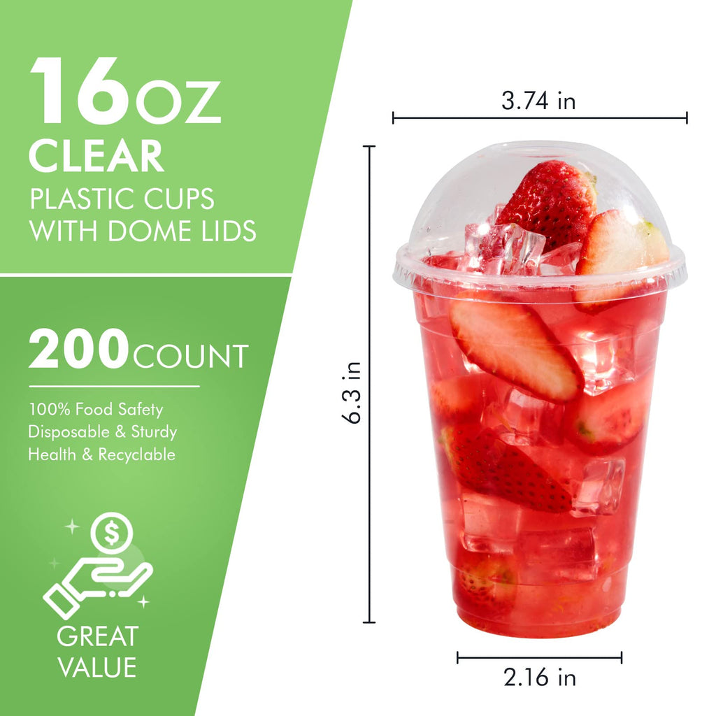 FOCUSLINE 200 PACK 12oz Clear Plastic Cups, Disposable Cold Drinking Cups, 12 Ounce Clear Cups with Dome Lids with Holes for Smoothie, Milkshake, Bubble Tea, Parfait