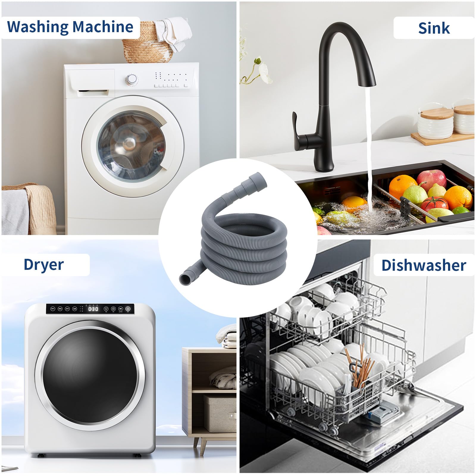 3.2 FT Washing Machine Drain Hose, Flexible Dishwasher Drain Hose Extension Kit, Universal Washer Drain Hose, Corrugated Washer Hose with 1 Adapter, 2 Hose Clamps, 1 U-Bend Hose Holder