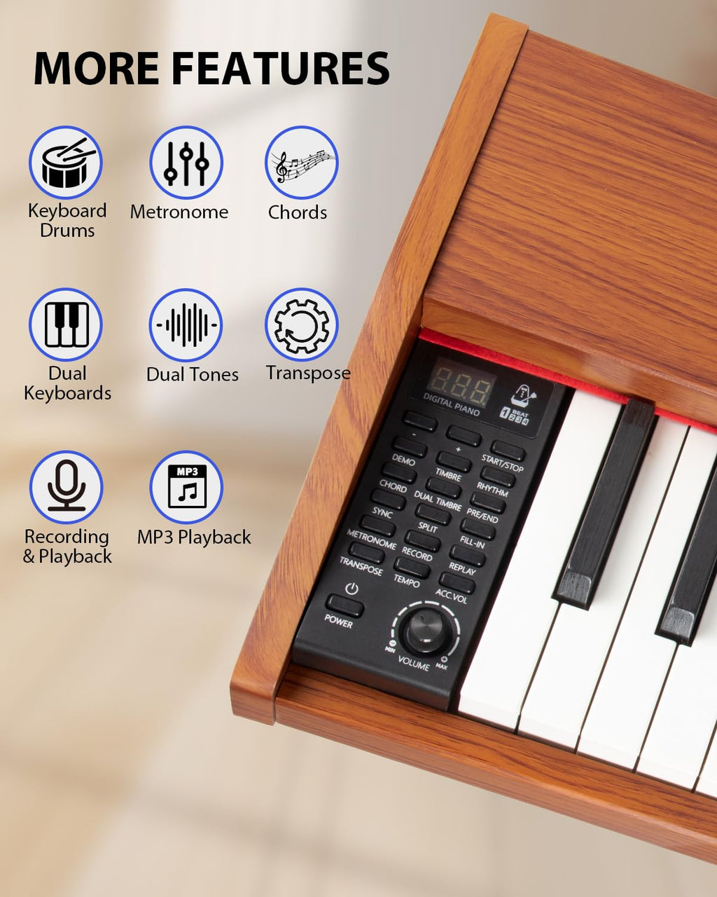 UISCOM Digital Piano Keyboard for Beginners, Full Size 88 Key Semi-Weighted Keyboard Electric Piano with Stand,Power Adapter,Sheet Music Stand,Pedal,Headphone,USB-MIDI Compatible,Wood Grain Apricot