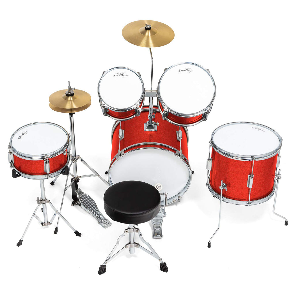 Ashthorpe 5-Piece Complete Kids Drum Set with Genuine Brass Cymbals - Junior Beginner Kit with 16" Bass, Throne, Hi-Hats, Pedals & Drumsticks - Black