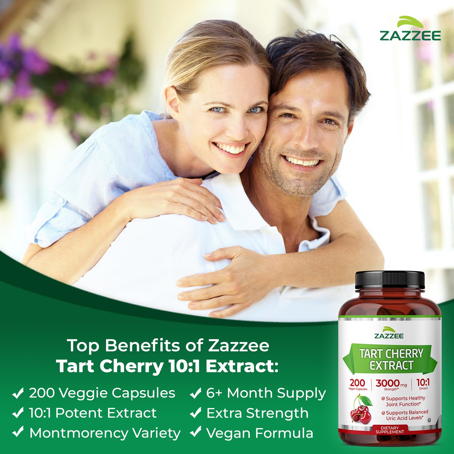 Zazzee Tart Cherry 10:1 Extract, 60 Vegan Capsules, 2 Month Supply, Montmorency Cherry, Certified Kosher, Joint & Uric Acid Support, Antioxidant Support Formula, Non-GMO, Made in the USA
