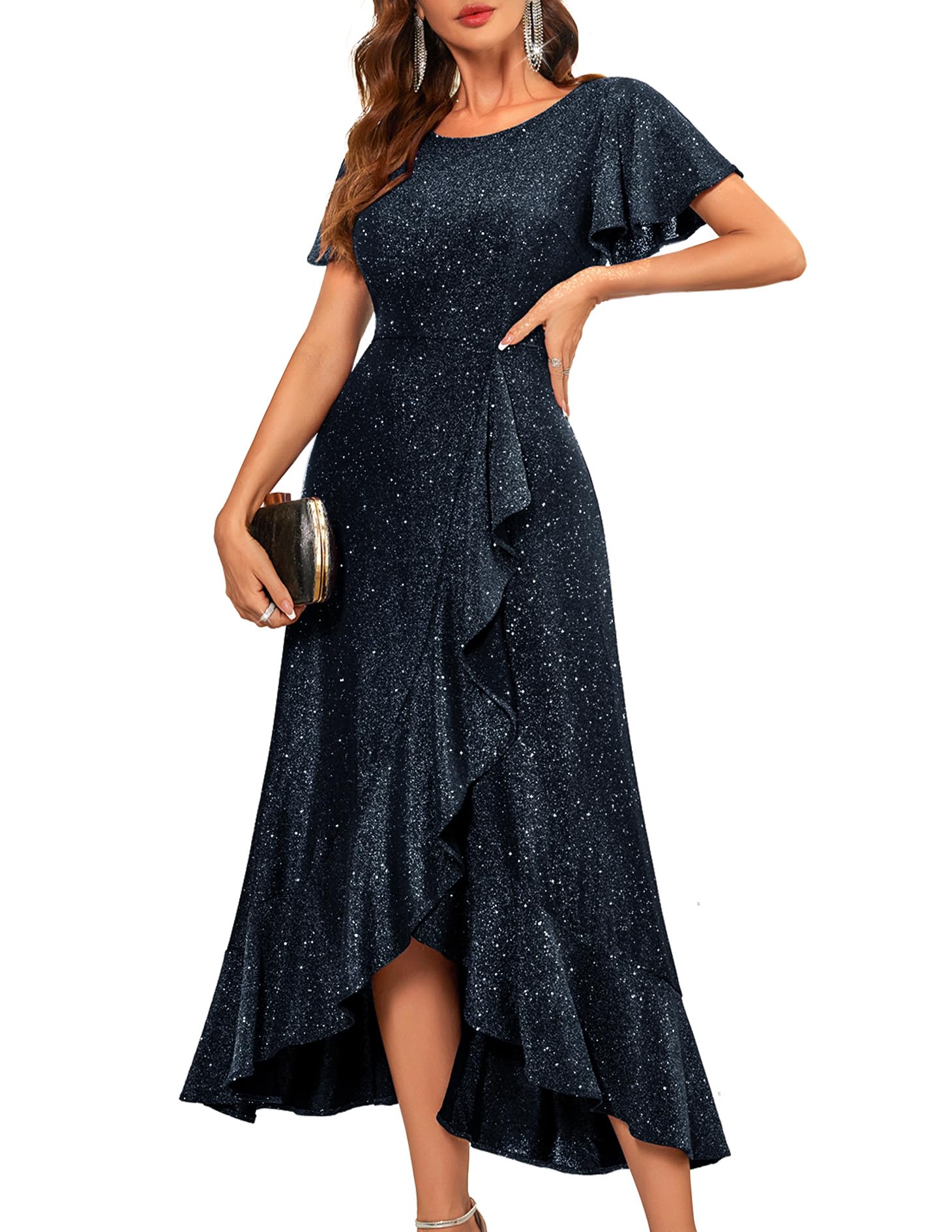 BeryLove Women Sequin Formal Party Dress Flutter Short Sleeve Wedding Cocktail Long Evening Dress