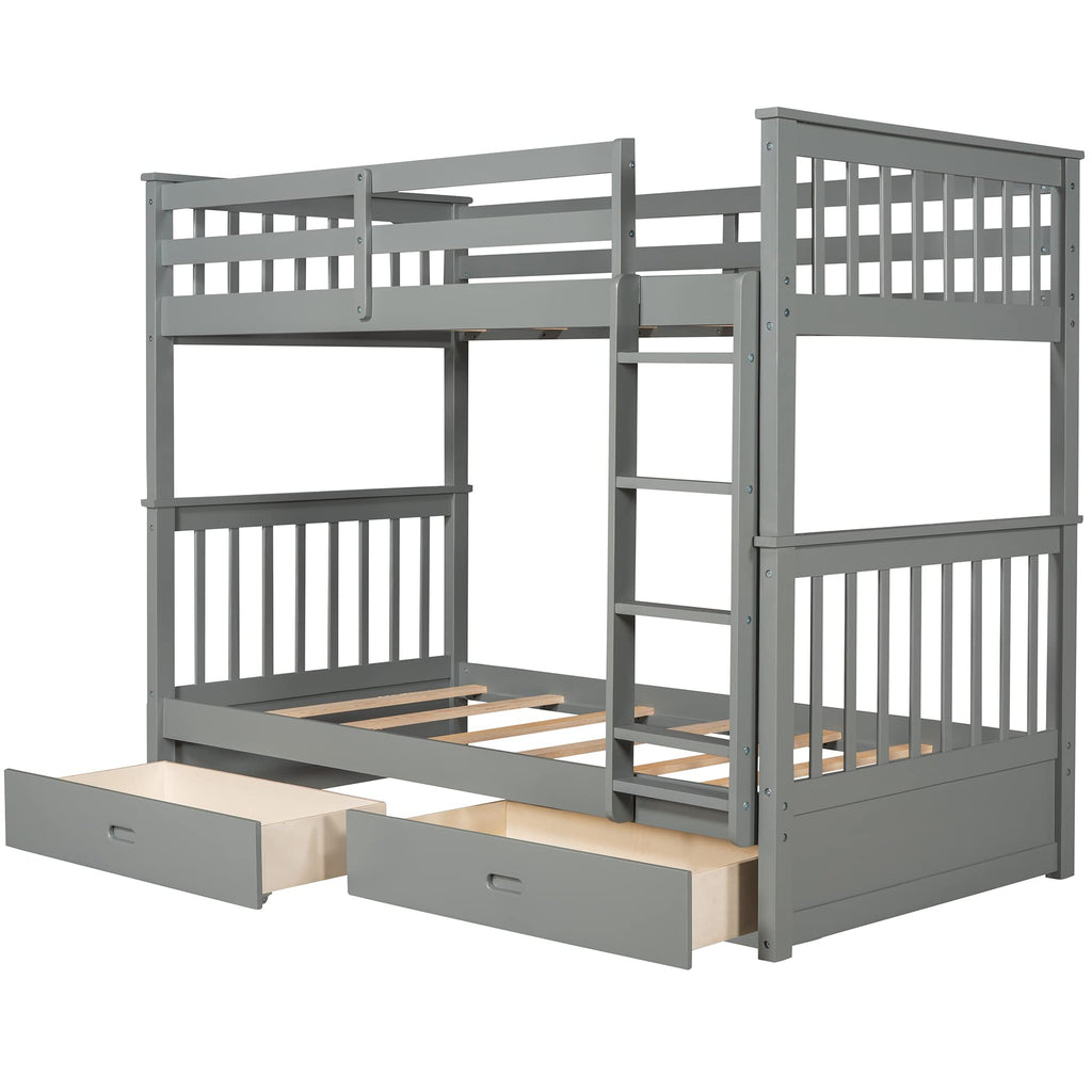 Merax Wood Bunk Bed with Two Drawers,Convertible Wood Bunk Bed with Ladders and Two Storage Drawers,Solid Wood Detachable Bed Frame with Ladders, Twin Over Full Size, Espresso