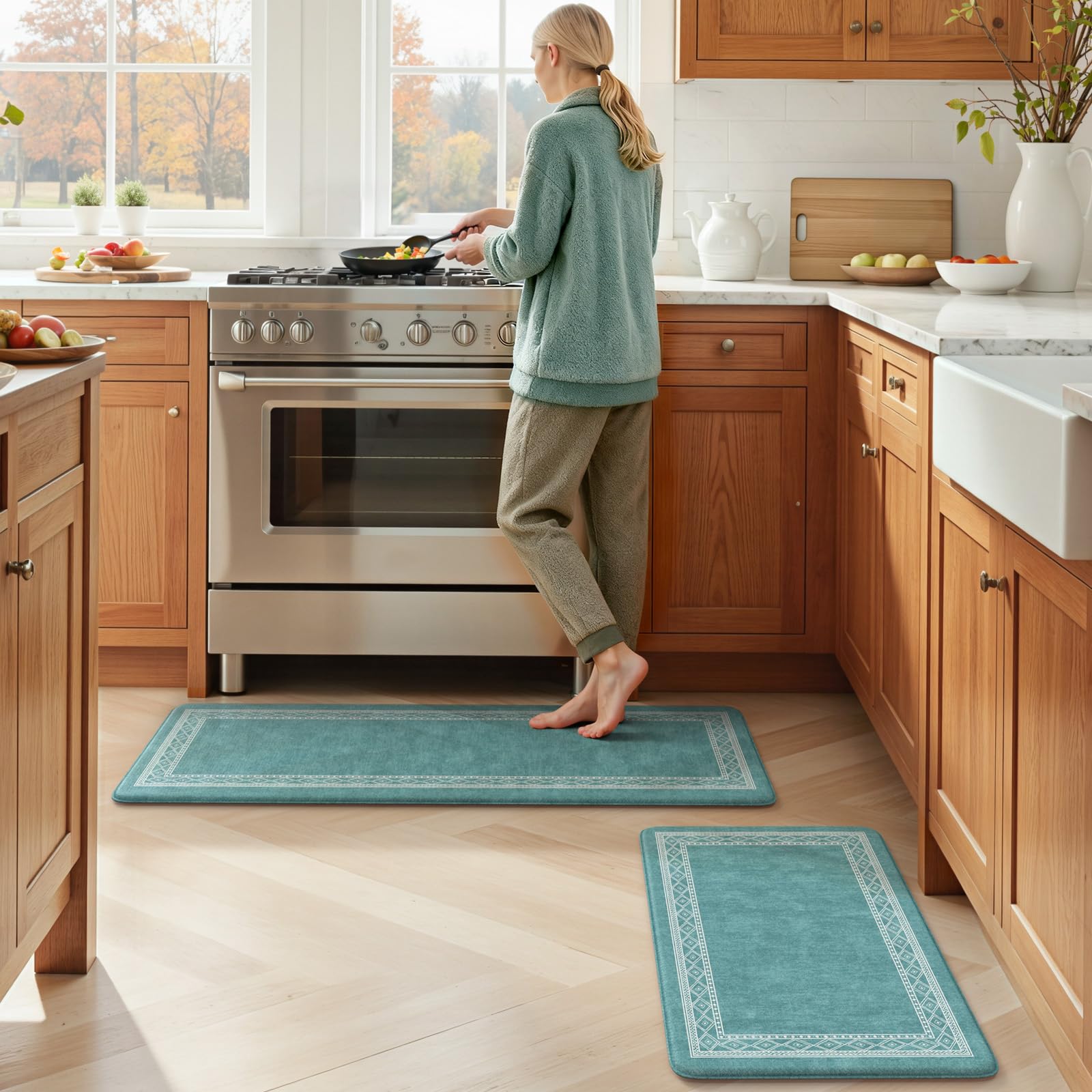 KIMODE Anti Fatigue Kitchen Mats 17"x47"+17"x29", Farmhouse Kitchen Rugs Sets of 2, Cushioned Non Skid Kitchen Mats for Floor, Comfort Kitchen Floor Mats for Sink Laundry Desk Black