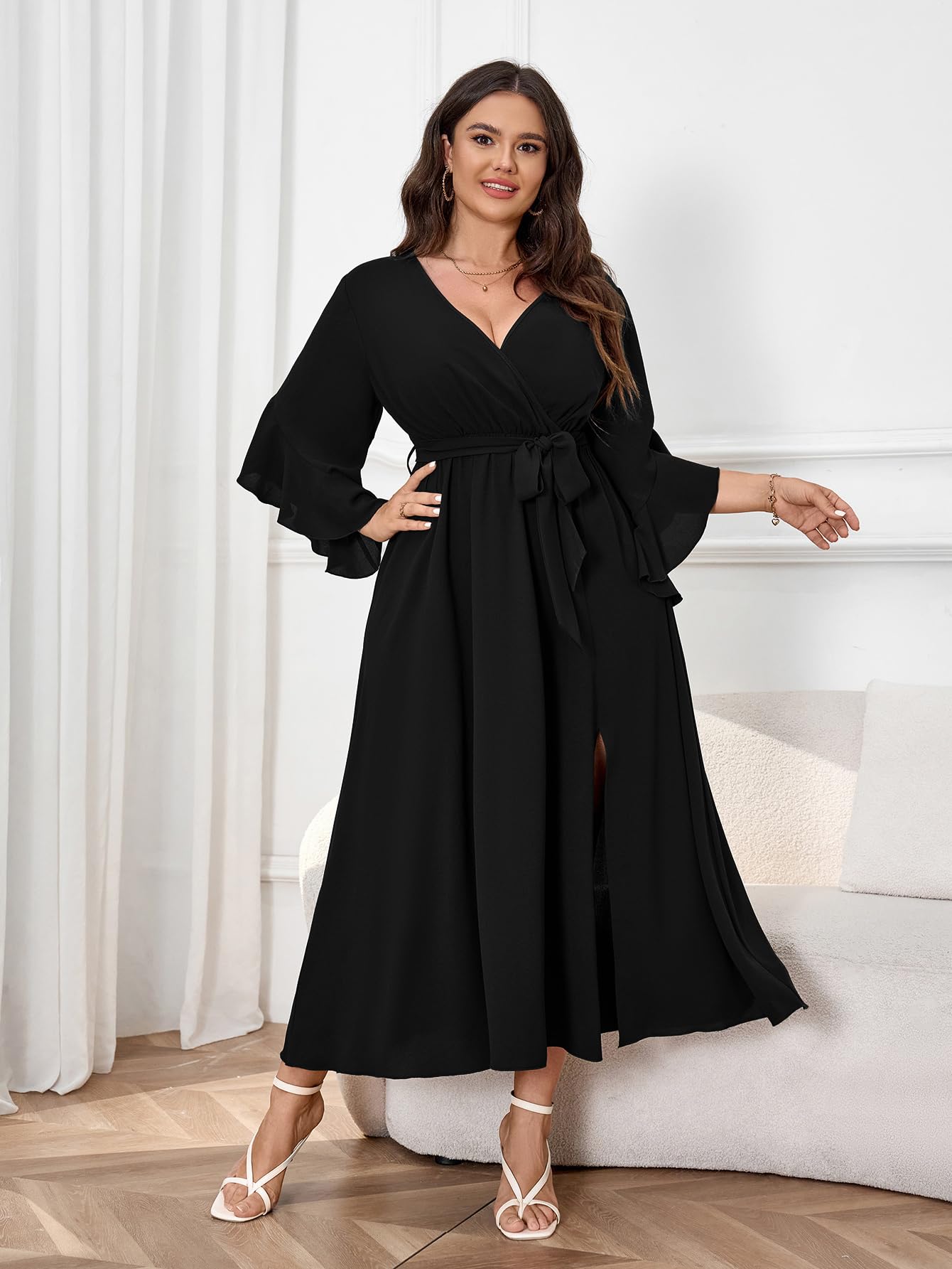 Womens Plus Size Dress Wedding Guest Cocktail Ruffle Half Sleeve Wrap V Neck Slit A Line Maxi Dresses with Belt