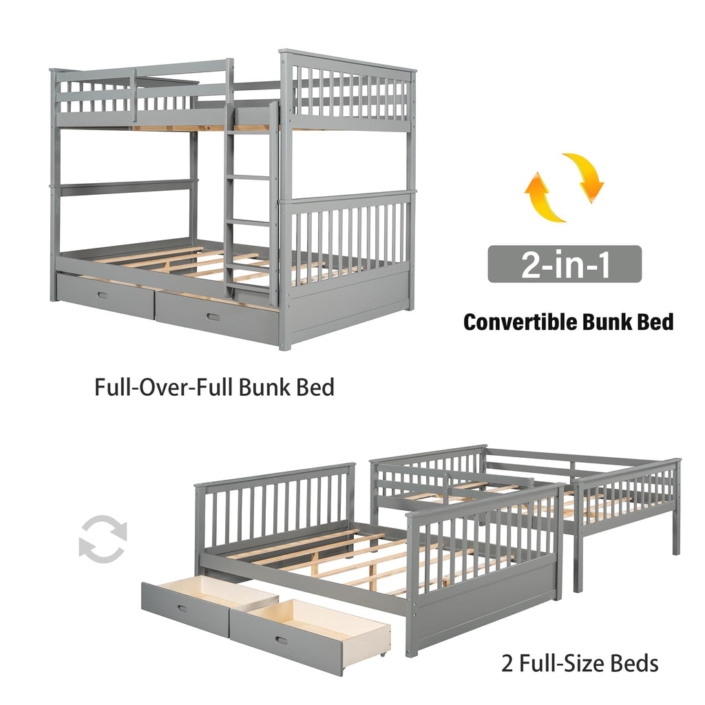 Merax Wood Bunk Bed with Two Drawers,Convertible Wood Bunk Bed with Ladders and Two Storage Drawers,Solid Wood Detachable Bed Frame with Ladders, Twin Over Full Size, Espresso