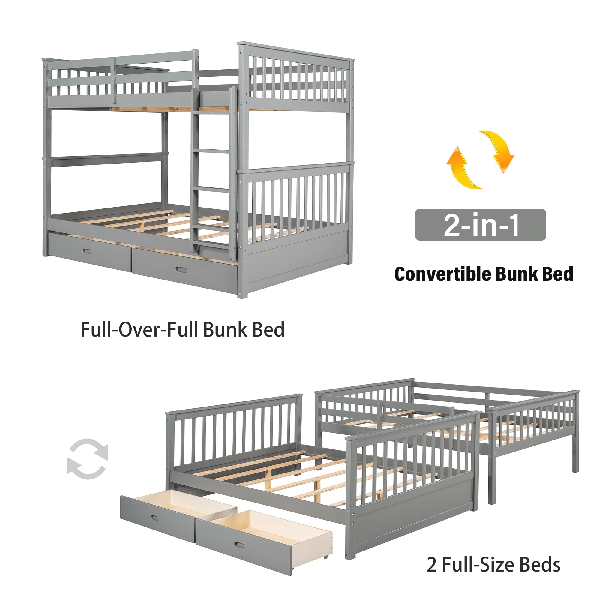 Merax Wood Bunk Bed with Two Drawers,Convertible Wood Bunk Bed with Ladders and Two Storage Drawers,Solid Wood Detachable Bed Frame with Ladders, Twin Over Full Size, Espresso