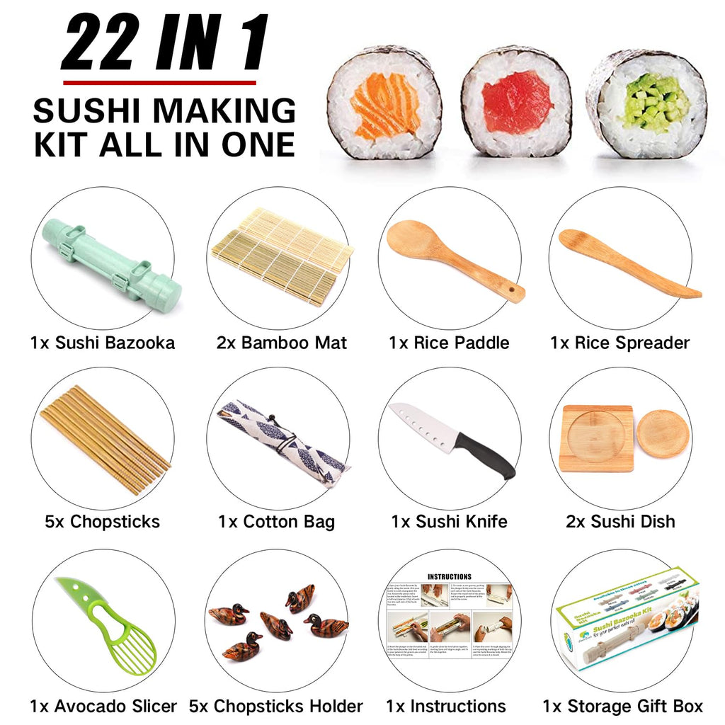 SmileTools Sushi Making Kit, 22pcs Roller Maker for Beginners With Guide Book, Bazooka, Knife, Mat, Avocado Slicer, Chopsticks, Sauce Dishes & More - Sushi Lover's Gift