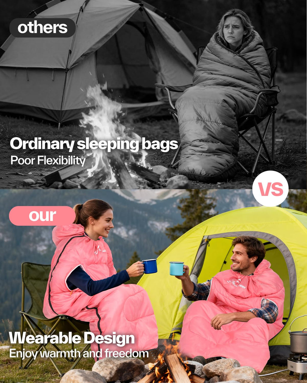 Sportneer Wearable Sleeping Bag for Adults & Kids – Walkable with Arm Zippers, Warm Weather & Cold Waterproof, Compact for Camping, Stadiums, Travel, Backpacking & Car Use