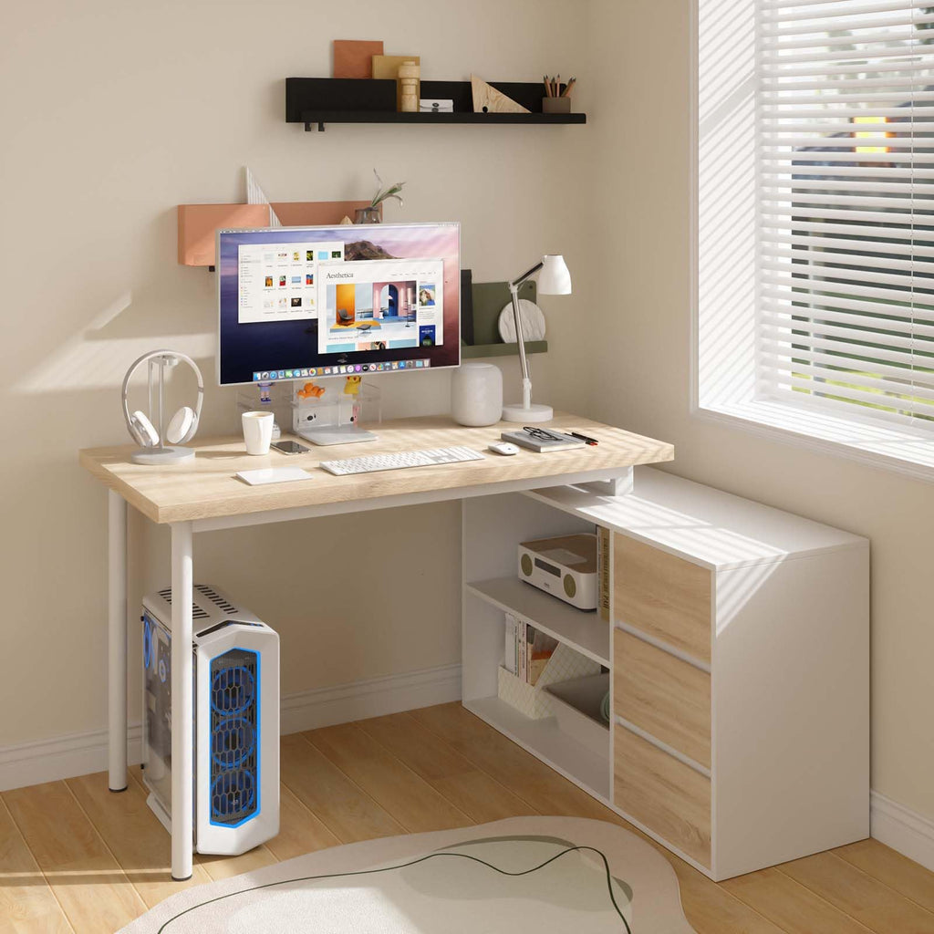 Bobve L Shaped Computer Desk, 47 Inch Home Office Desk with File Drawers & Storage Shelves, Small Corner Computer Desk for Small Space (Black + White)