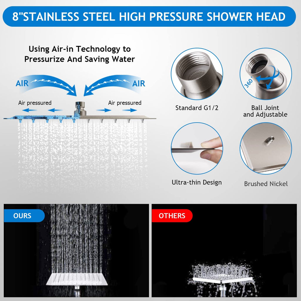 Shower Head Combo(Brushed Nickel),8 Inch High Pressure Rain Shower Head with 11 Inch Adjustable Extension Arm and 5 Settings Handheld Shower Head Combo,Powerful Shower Spray Against Low Pressure Water