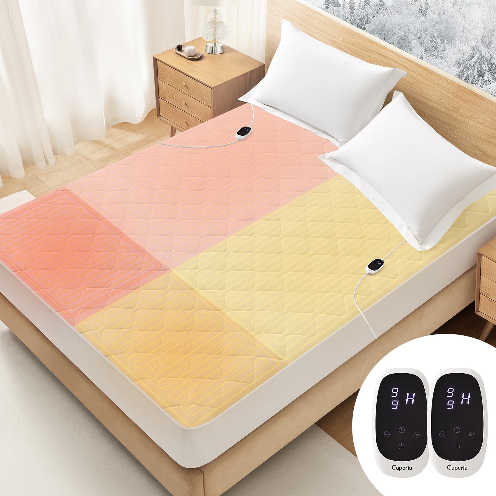 Caperia Heated Mattress Pad Quilted Multizone electric mattress pad Individual Body and Feet Bed Warmer 9 Heat Settings, 1-12 Hours Auto Off, Deep Pocket, Fast Heating, Machine Washable Twin 39''x75''