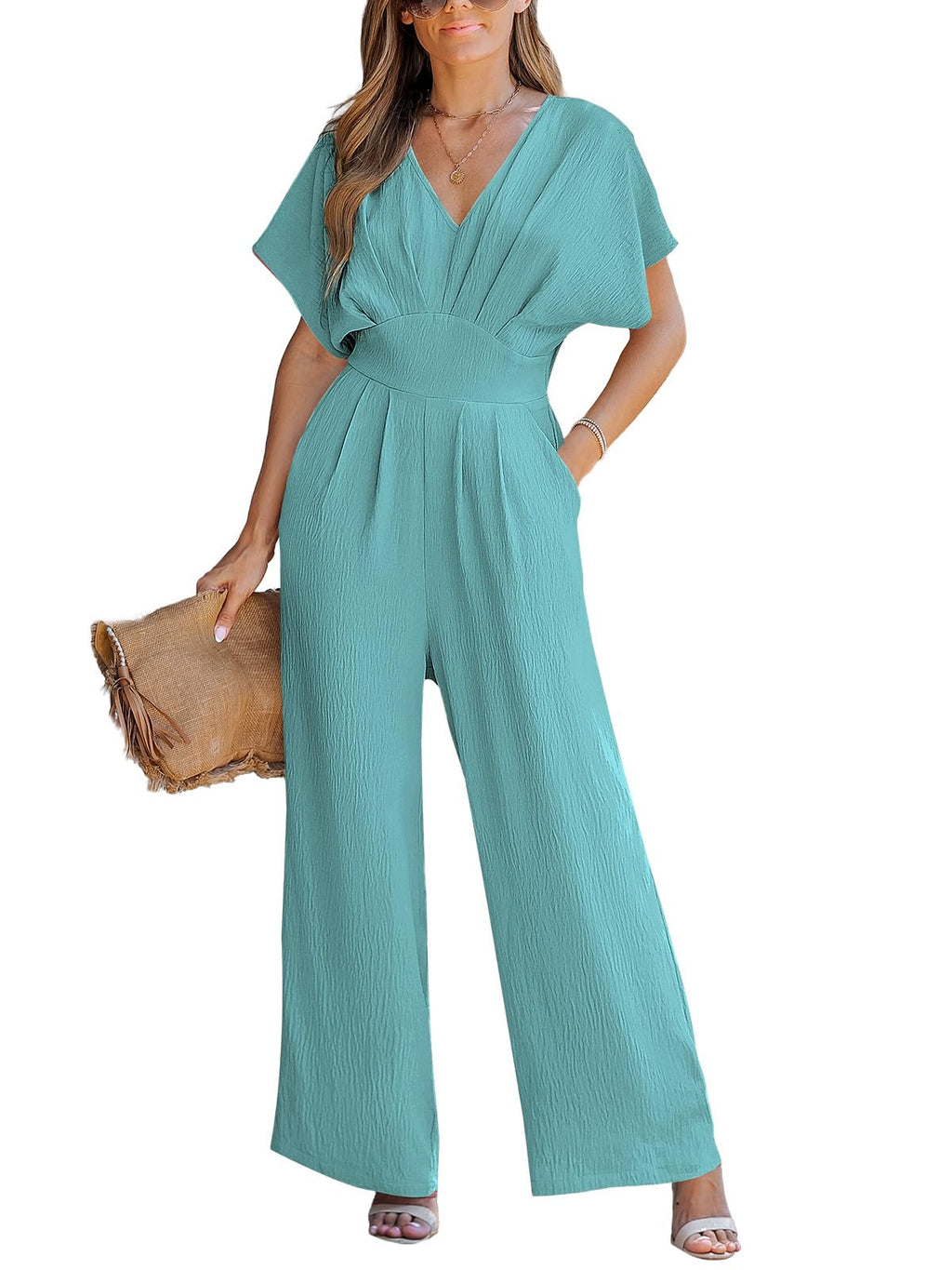 CUPSHE One Piece Jumpsuits for Women Casual Summer V Neck Batwing Sleeve Wide Leg Elegant Overalls Sexy Vacation Outfits