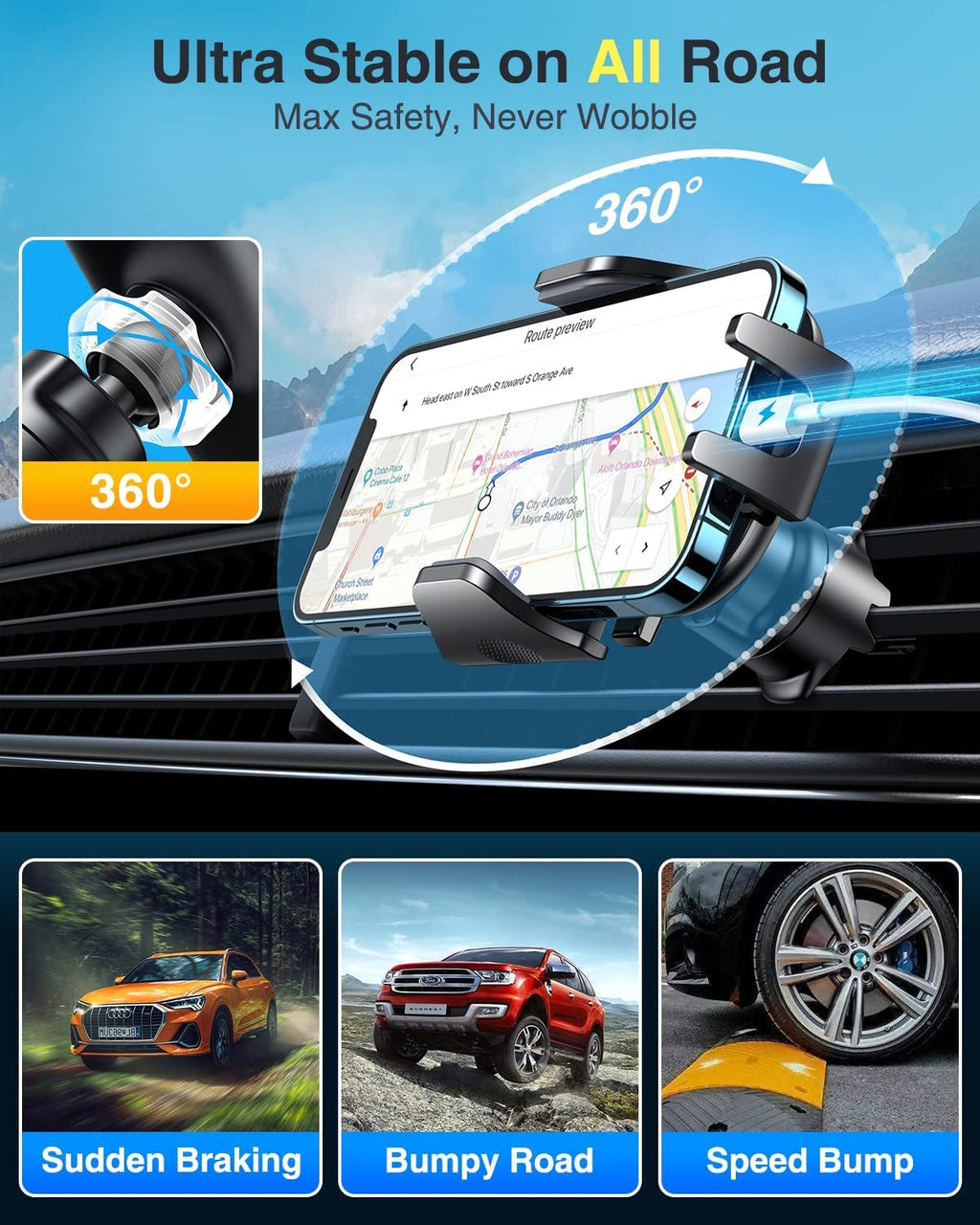 VANMASS [True Military-Grade] Car Phone Holder [Best Suction & Clip] Cell Phone Mount for Dashboard Windshield Vent Truck Cradle Dash Stand for iPhone 15 Pro Max 14 13 12 Android, Blue