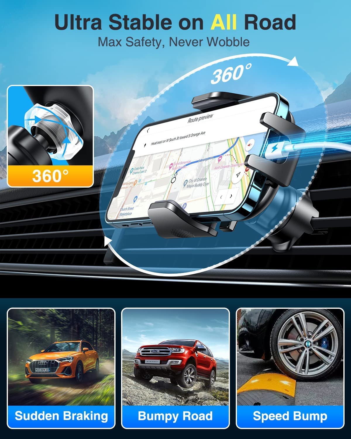 VANMASS [True Military-Grade] Car Phone Holder [Best Suction & Clip] Cell Phone Mount for Dashboard Windshield Vent Truck Cradle Dash Stand for iPhone 15 Pro Max 14 13 12 Android, Blue