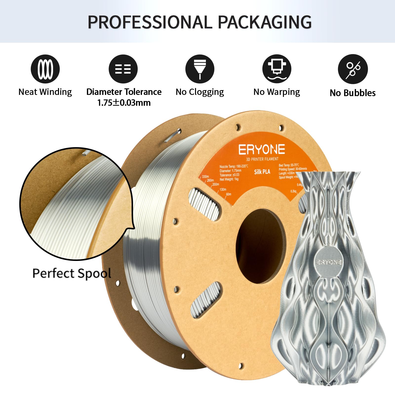 ERYONE Silk Dual Color PLA Filament 3D Printer 1.75mm +/- 0.03mm, Bicolor Filament Two Tone PLA Bundle 2KG Cardboard Spool, Black Gold