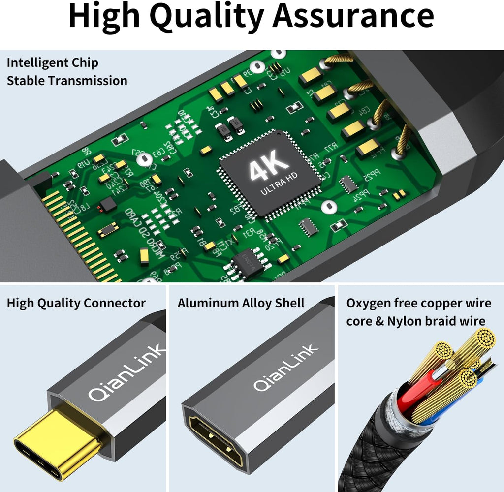 QianLink USB Type C to HDMI Adapter, USB C to HDMI 4K Cable [Thunderbolt 3/4] for MacBook Pro/Air 2023, iPhone 15 16 17 Pro Max, Dell XPS, Pixelbook, Surface, IPad Pro, iMac, XPS 17, Galaxy S25 S24