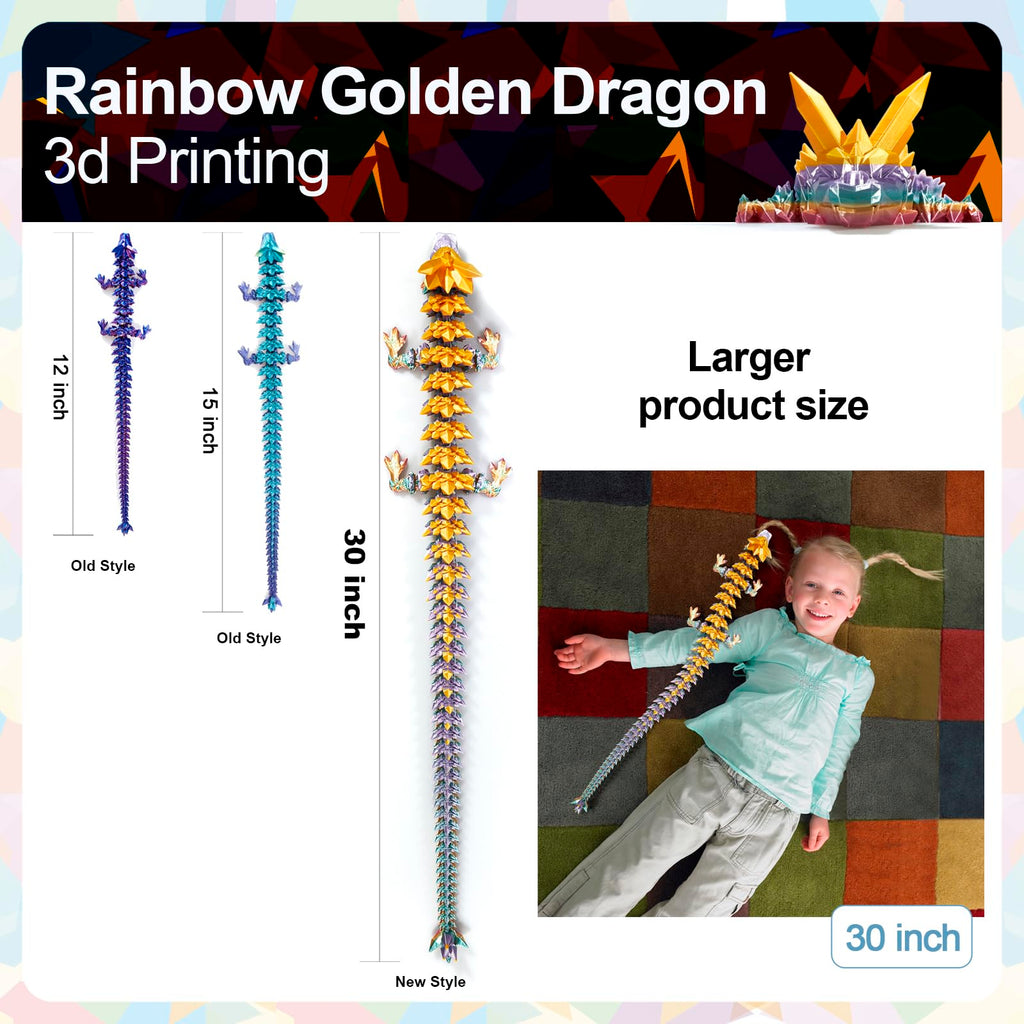 24" Large 3D Printed Dragon - Huge Articulated Crystal Dragon Fidget Toy, Giant Flexible 3D Dragon Figure, Birthday Gift for Boys Girls Kids & Collectors, Home Office Executive Desk Decor