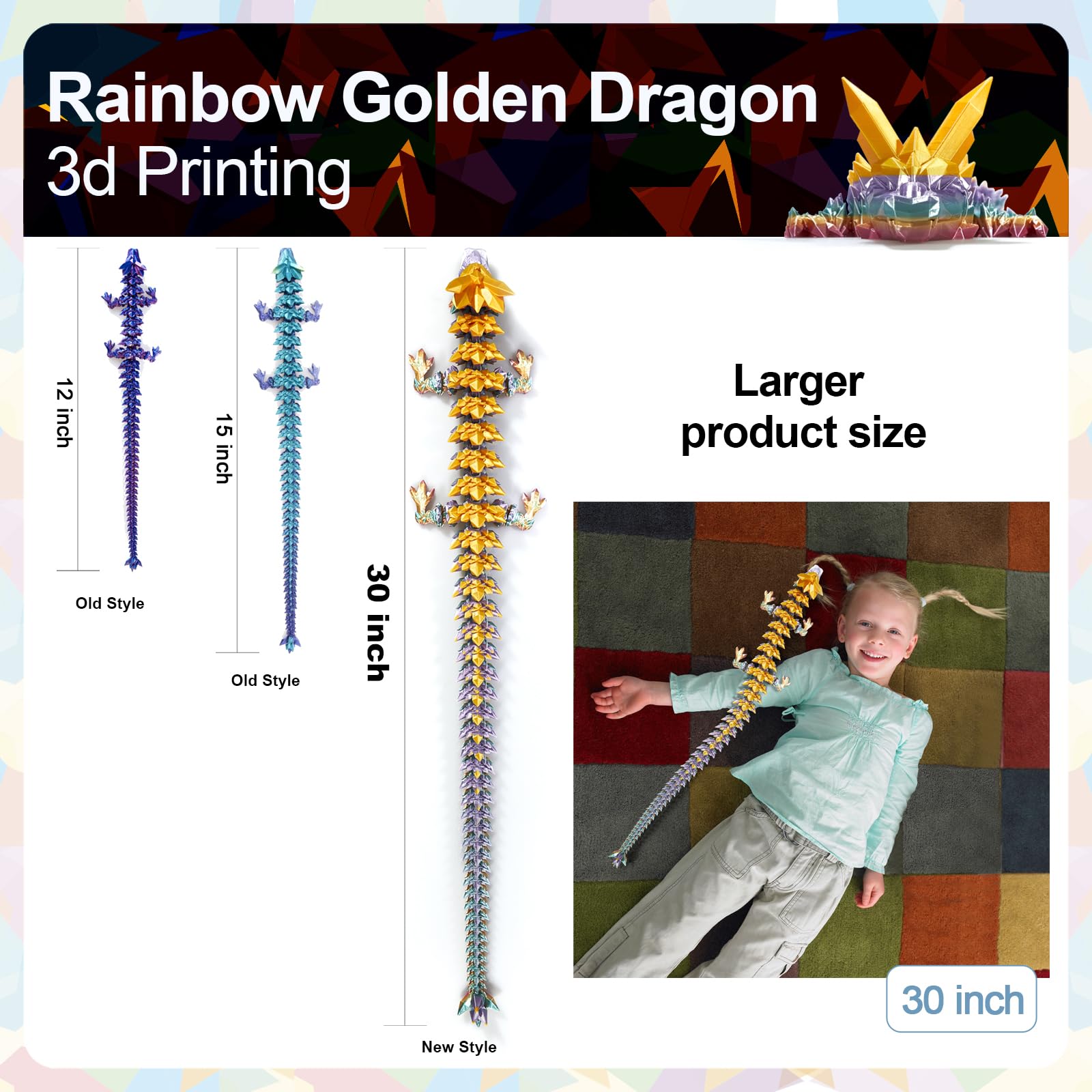 24" Large 3D Printed Dragon - Huge Articulated Crystal Dragon Fidget Toy, Giant Flexible 3D Dragon Figure, Birthday Gift for Boys Girls Kids & Collectors, Home Office Executive Desk Decor
