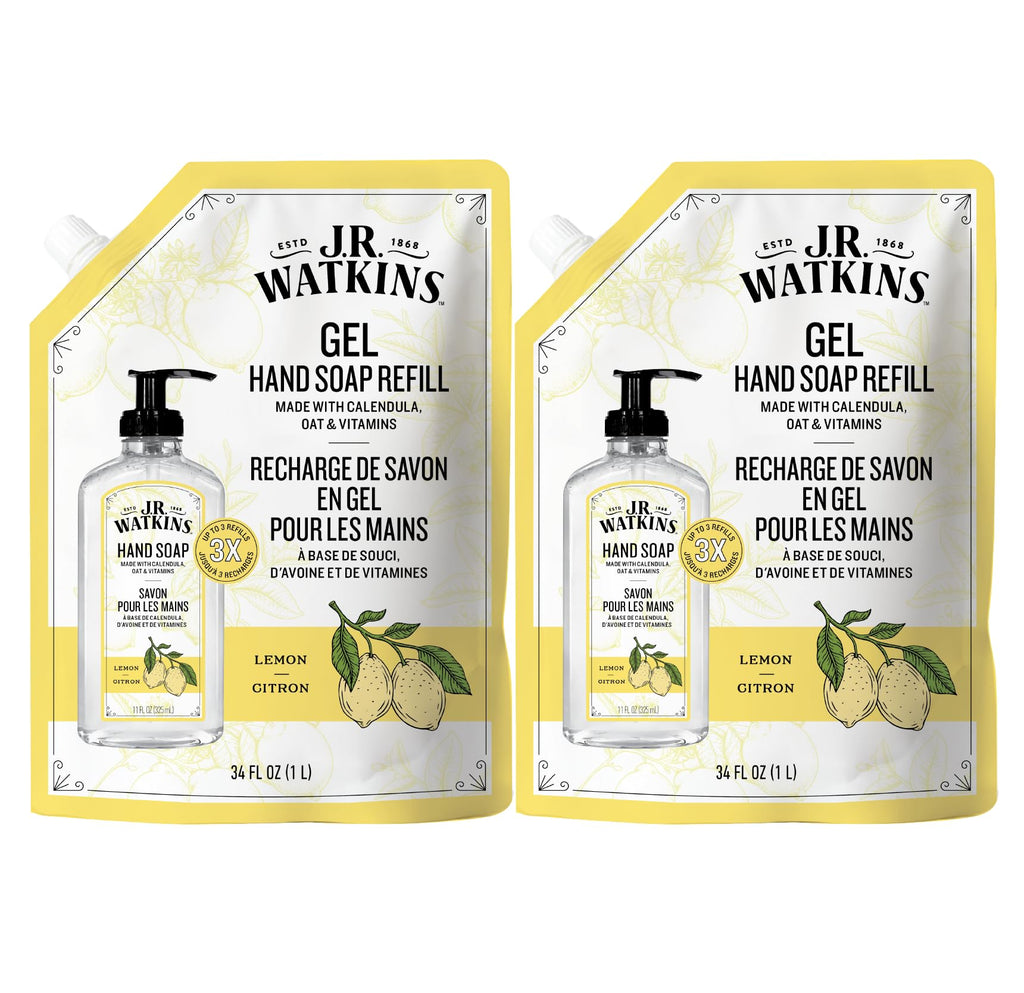 J.R. Watkins Gel Hand Soap Refill, Moisturizing Hand Wash, Formulated with Plant-Based Cleansers, Alcohol-Free, Cruelty-Free, Aloe & Green Tea, 34 Fl Oz, 2 Pack