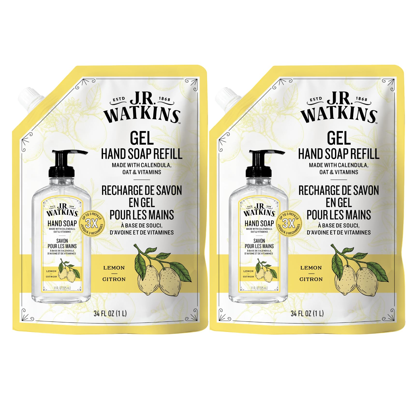 J.R. Watkins Gel Hand Soap Refill, Moisturizing Hand Wash, Formulated with Plant-Based Cleansers, Alcohol-Free, Cruelty-Free, Aloe & Green Tea, 34 Fl Oz, 2 Pack