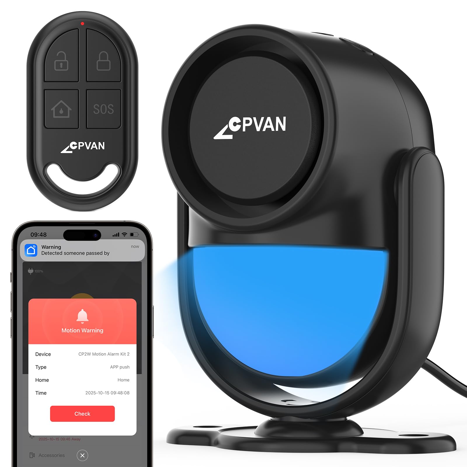 CPVAN WiFi Motion Sensor Alarm, 125dB Smart PIR Motion Detector with Phone App Alerts, Wireless Indoor Home Security Alarm System with Remote, 2.4GHz WiFi, Black
